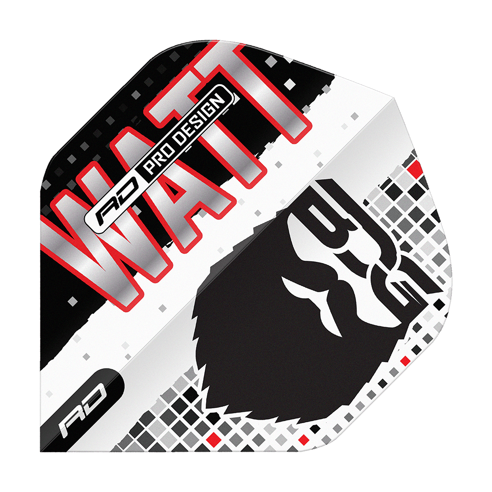 Das Bild zeigt das Produkt "Red Dragon Hardcore Jason Watt BDG Premium No2 Standard Flights". Auf dem Flight sind der Name "WATT", ein stilisiertes Gesicht und das Logo "RD" zu sehen.