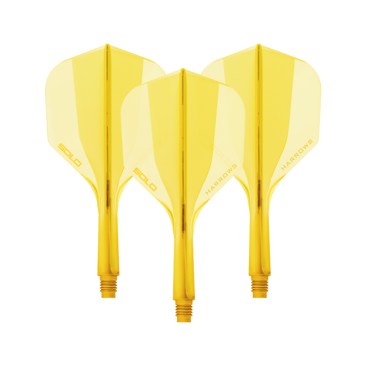 Ein gelbes Harrows Solo No6 Flight Shaft System, 20mm lang. Das Bild zeigt ein Dart Shaft Set in leuchtendem Gelb.