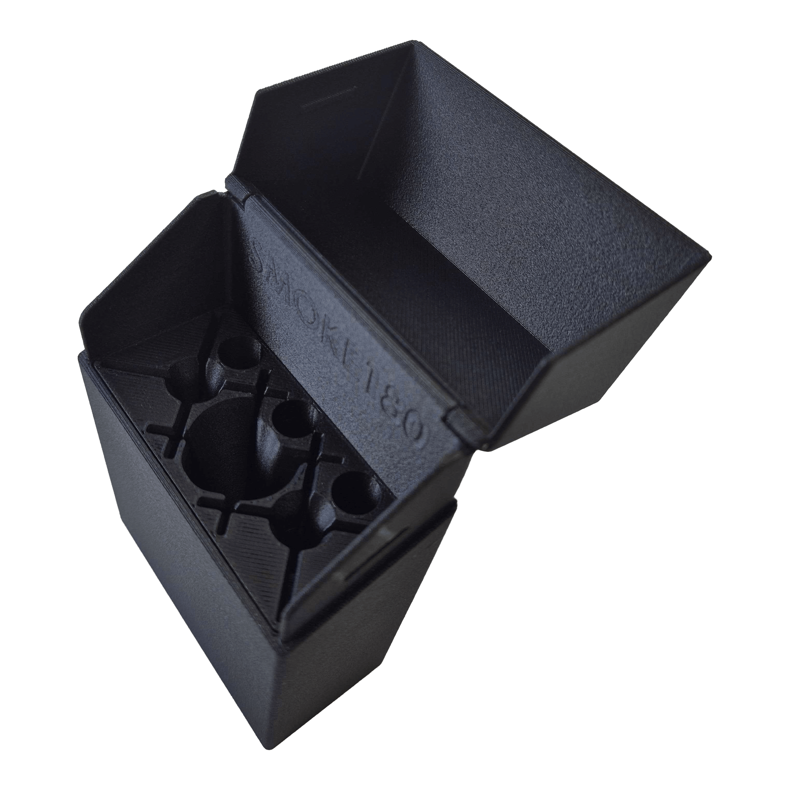 Pouzdro na šipky Smoke 180 s vlastním designem - černé Vorderansicht des Smoke 180 Dartcase mit eigenem Design. Die schwarze Oberfläche und die kompakte Form sind deutlich.