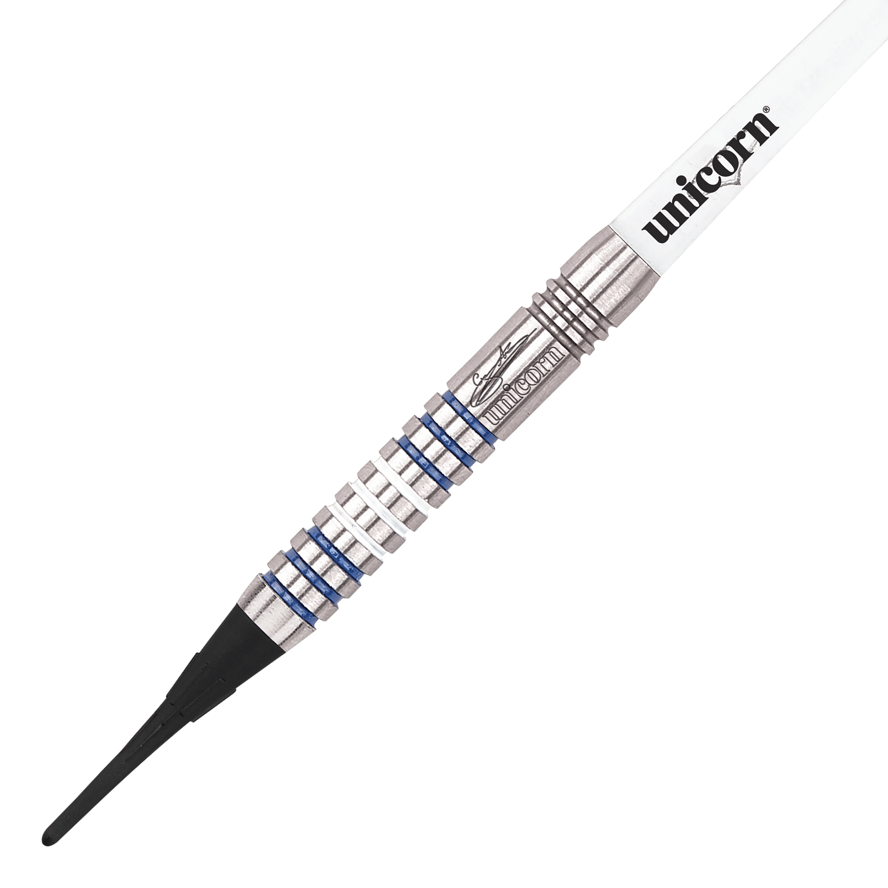 Das Bild zeigt die Unicorn Silver Star Version 3 Gary Anderson Softdarts. Drei silberne Dartpfeile liegen nebeneinander auf weißem Hintergrund.