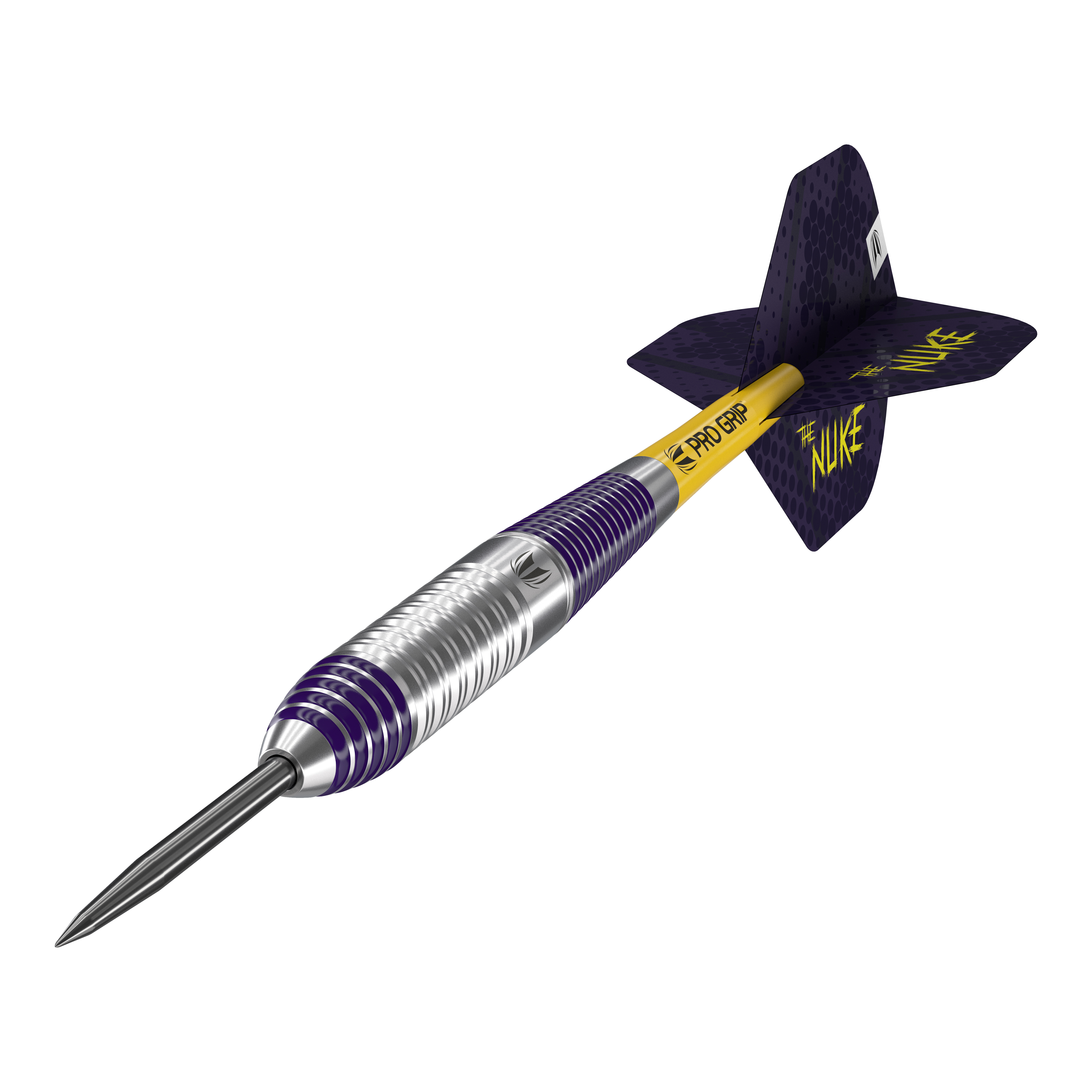 Šipky Target Luke Littler mosazné ocelové - 22g Das Bild zeigt einen Target Luke Littler Brass Steeldart mit einem Gewicht von 22g. Der Dartpfeil hat ein silber-violettes Barrel, einen gelben Schaft mit der Aufschrift "PRO GRIP" und violette Flights mit der Aufschrift "THE NUKE".