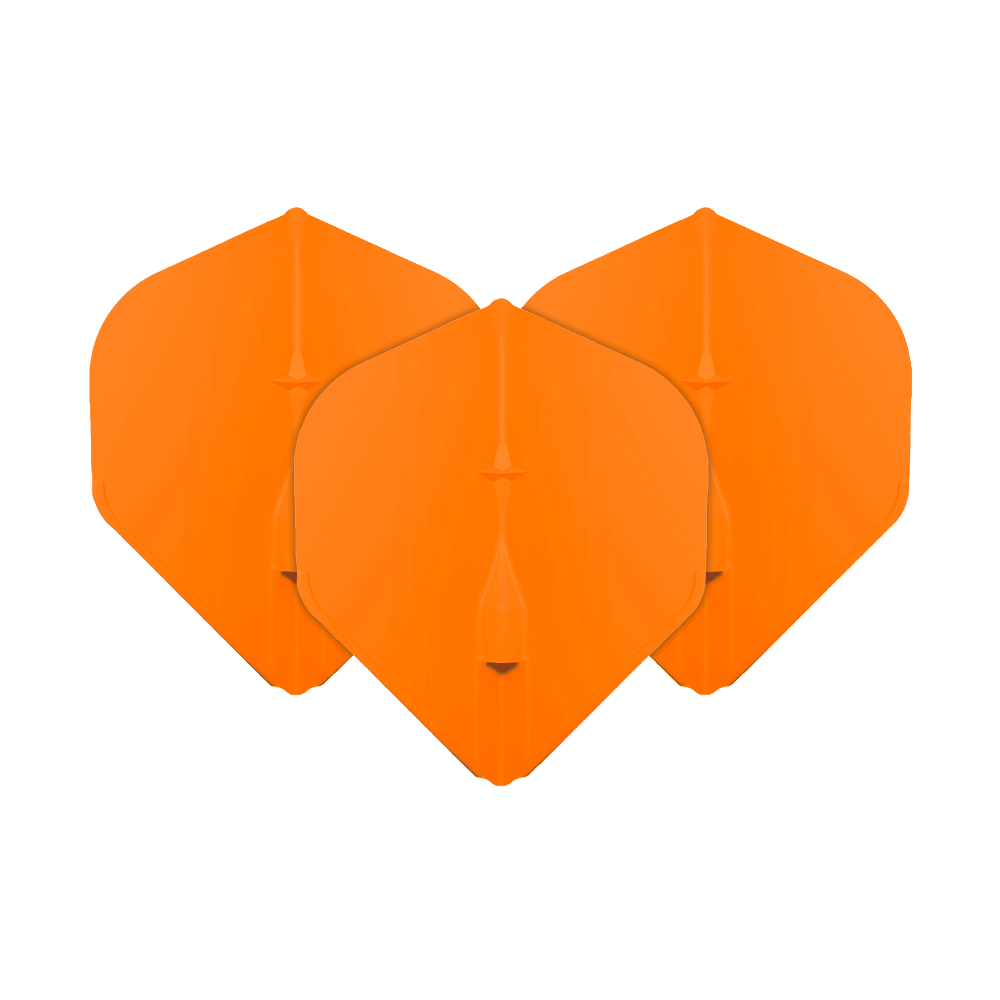 Standardní lety L-Style Champagne L1EZ Das Bild zeigt drei orangefarbene L-Style Champagne L1EZ Standard Flights. Sie sind für den Gebrauch bei Darts gedacht und haben eine klassische Standardform.