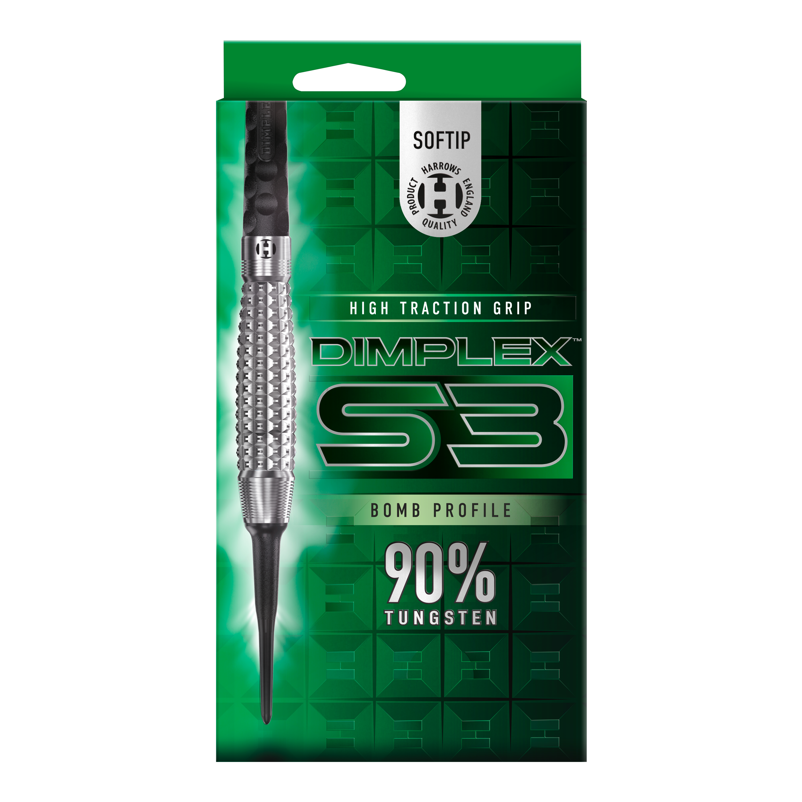 Měkké šipky Harrows Dimplex S3 Bomb Das Bild zeigt eine Verpackung der "Harrows Dimplex S3 Bomb Softdarts". Auf der Verpackung steht, dass die Darts eine hohe Grifftraktion haben und aus 90% Wolfram bestehen.