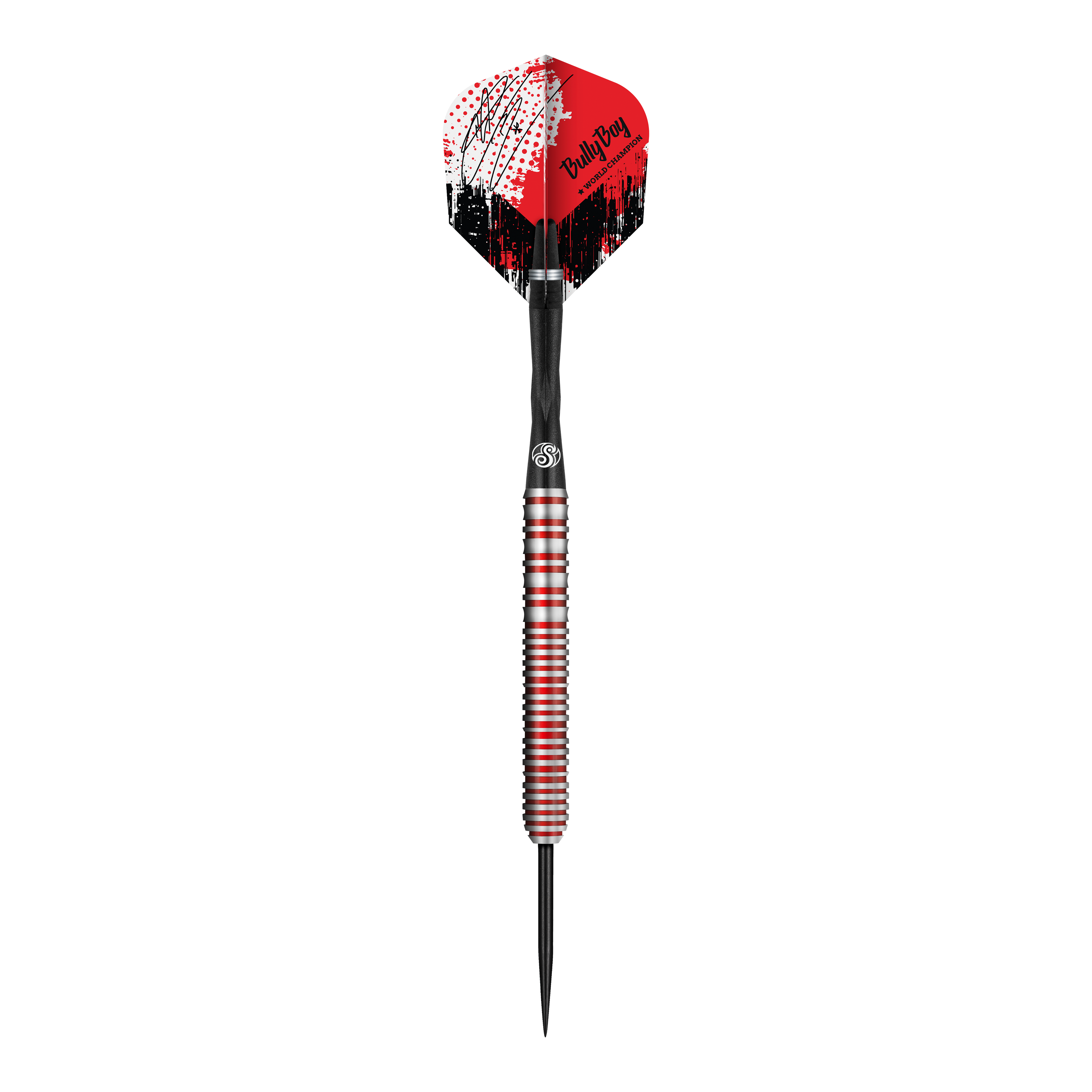 Der abgebildete Dartpfeil ist der "Shot Michael Smith Bully Boy Game Day Steeldart". Er hat ein auffälliges Design mit roten, schwarzen und weißen Farben am Flight und einem silbernen Schaft mit roten Streifen.