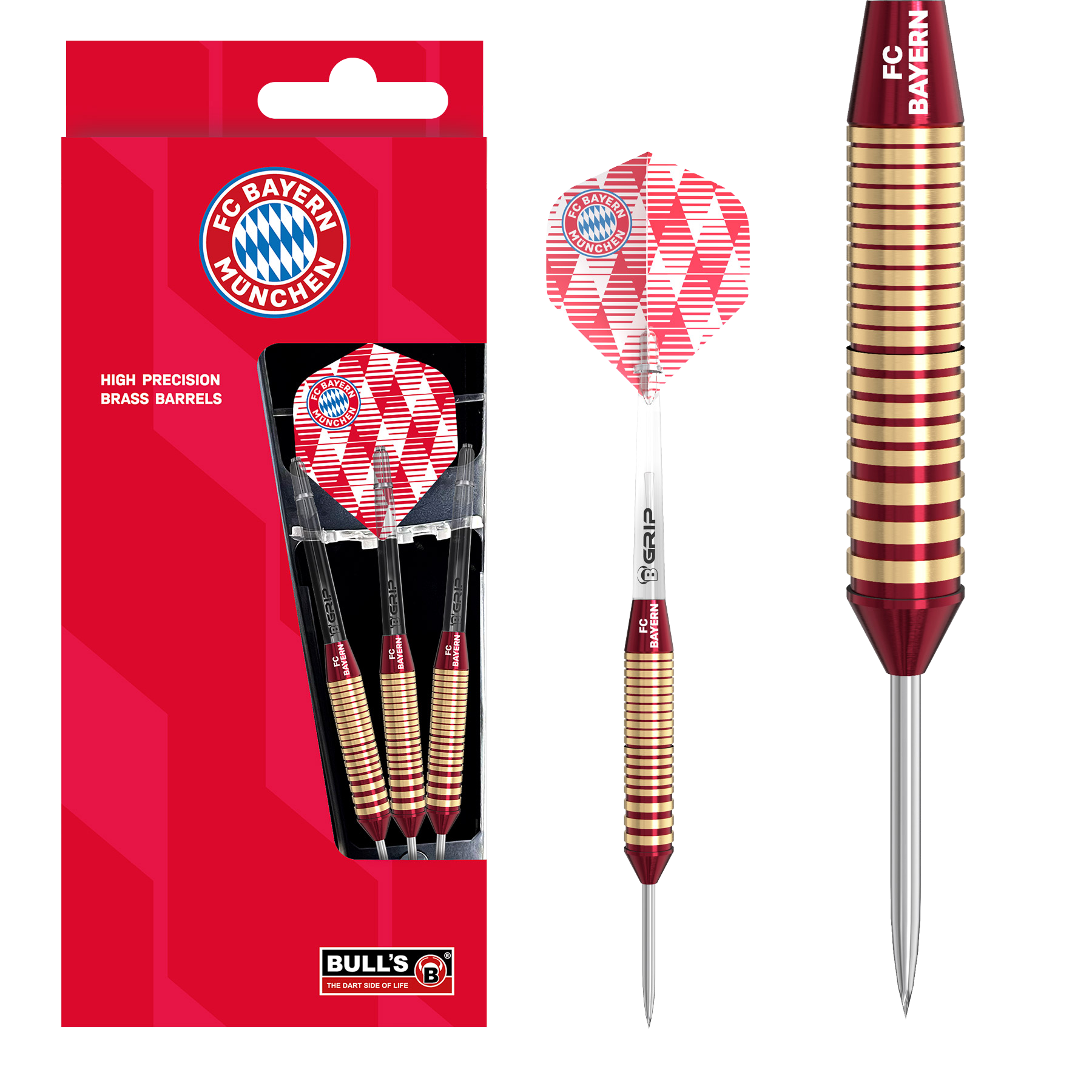 Abgebildet sind die Bulls FC Bayern München Brass Steeldarts mit einem Gewicht von 21g. Das Produkt ist ideal für Fans des FC Bayern München und Steeldartspieler.