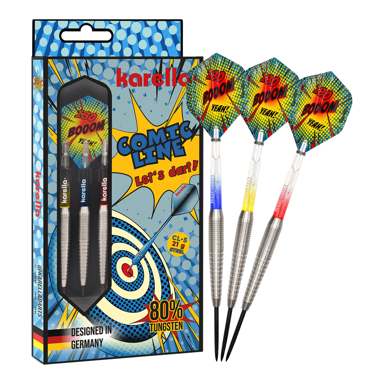 Ocelové šipky Karella Comic Line CL-5 - 21g Das Bild zeigt die Karella Comic Line CL-5 Steeldarts - 21g. Es handelt sich um ein Set moderner Steeldarts mit auffälligem Design.