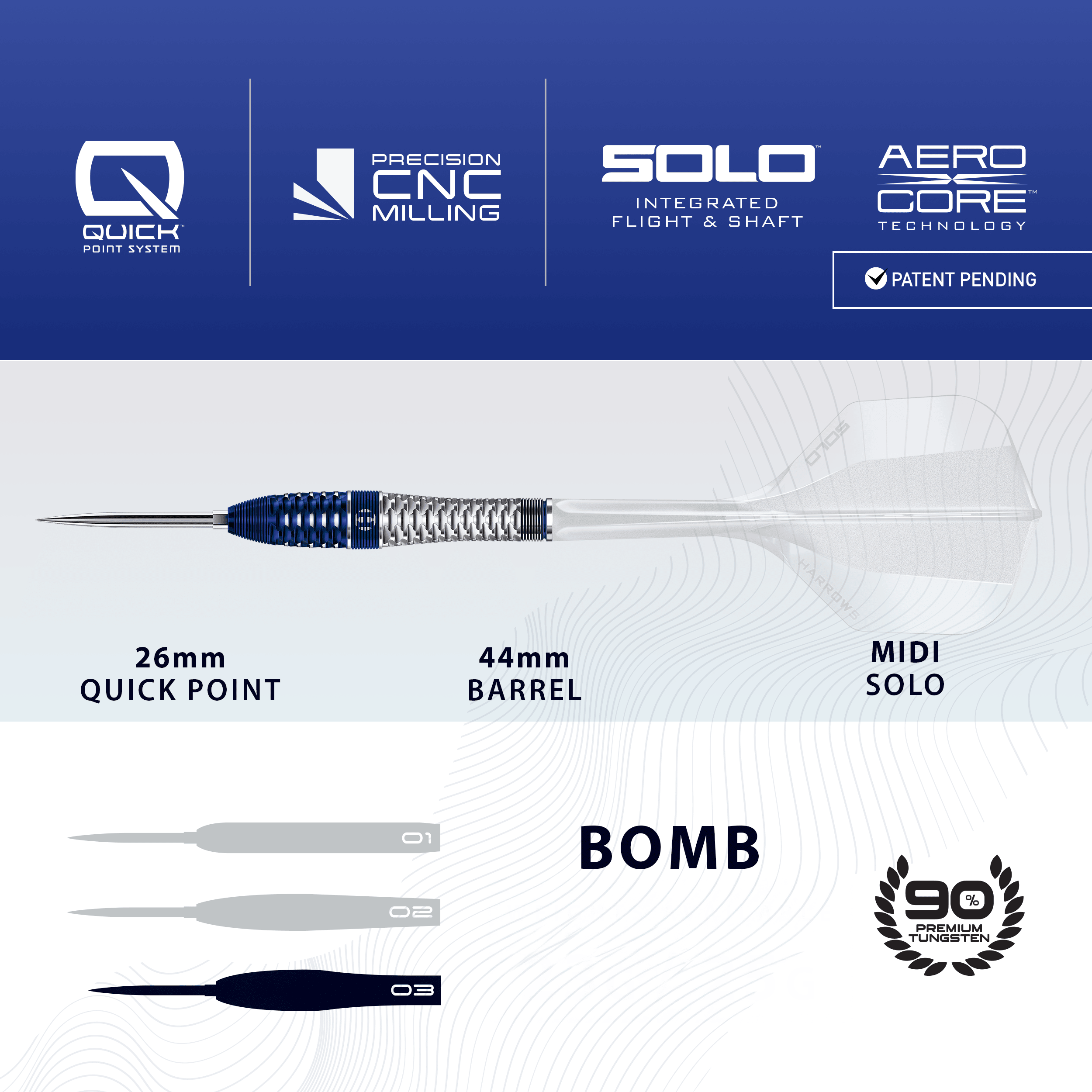 Ocelové šipky Harrows GEO Bomb Quick Point Harrows GEO Bomb Quick Point Steeldarts werden dargestellt. Das Bild zeigt Design und Details dieses Dartprodukts.
