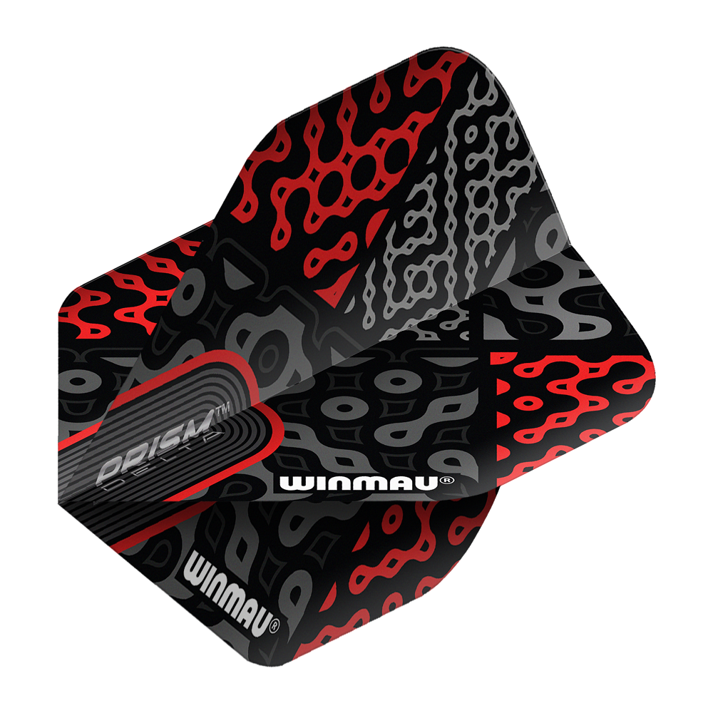 Das Bild zeigt die Winmau Prism Delta Cypher No2 Standard Flights für Darts. Die Flights haben ein auffälliges Muster in Schwarz, Rot und Grau mit dem Winmau-Logo.