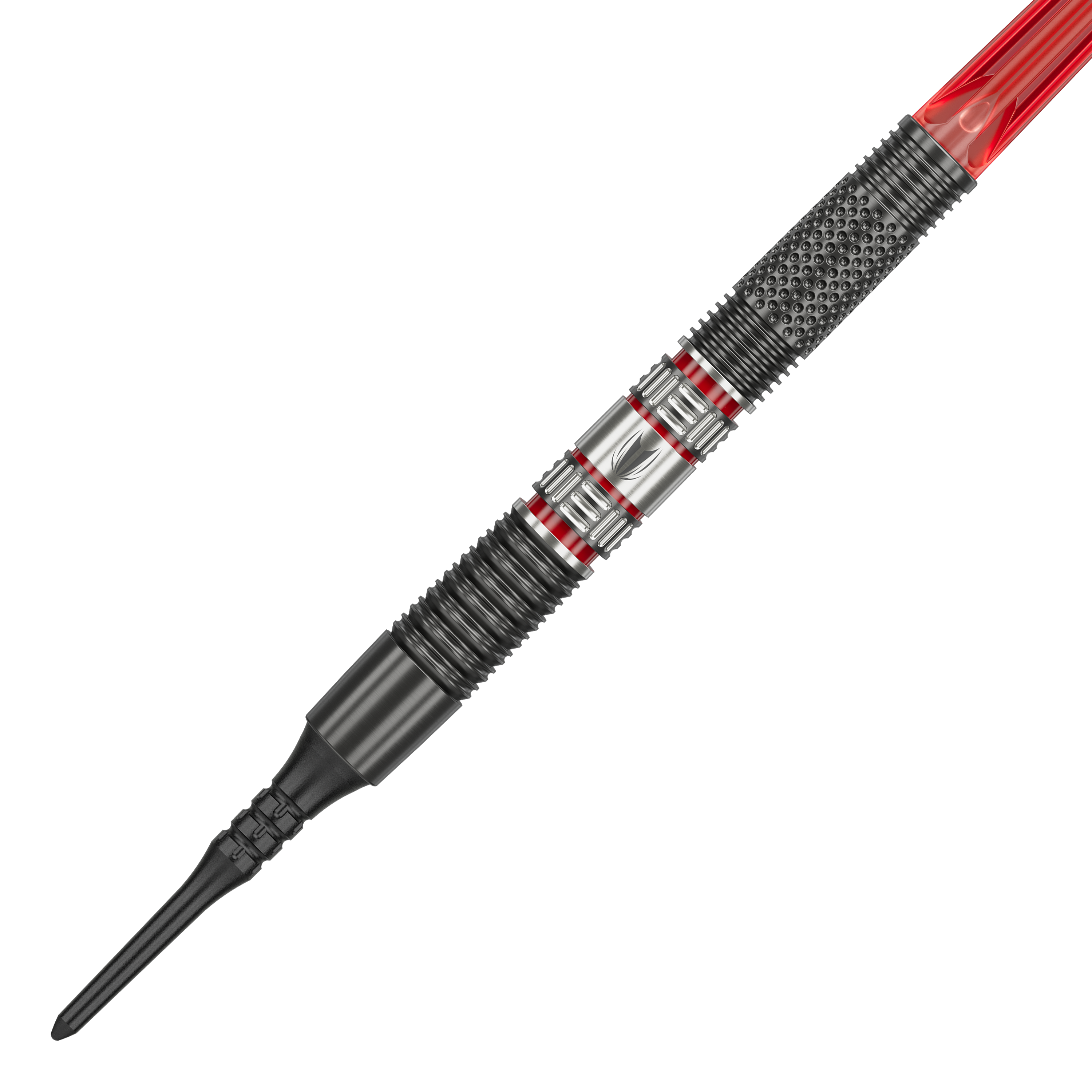 Měkké šipky Target Gabriel Clemens 95K - 19g Das Bild zeigt einen Target Gabriel Clemens 95K Softdart mit einem Gewicht von 19 Gramm. Der Dart hat ein auffälliges Design mit silbernen, schwarzen und roten Elementen.