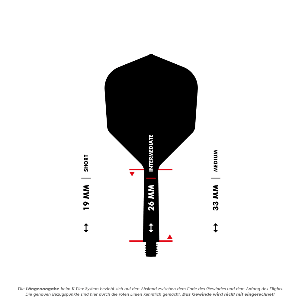 Letový systém Target K-Flex No6 - bílý Das Bild zeigt eine Dart-Flightschafte mit Längenangaben in Millimetern. Es werden die drei Längen "Short" (19 mm), "Intermediate" (26 mm) und "Medium" (33 mm) dargestellt.