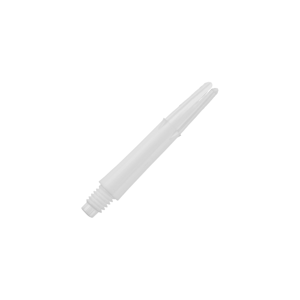 Dieses Bild zeigt einen weißen, geraden Dartshaft ohne Kappen. Er hat am unteren Ende ein Gewinde zum Befestigen am Dartbarrel.