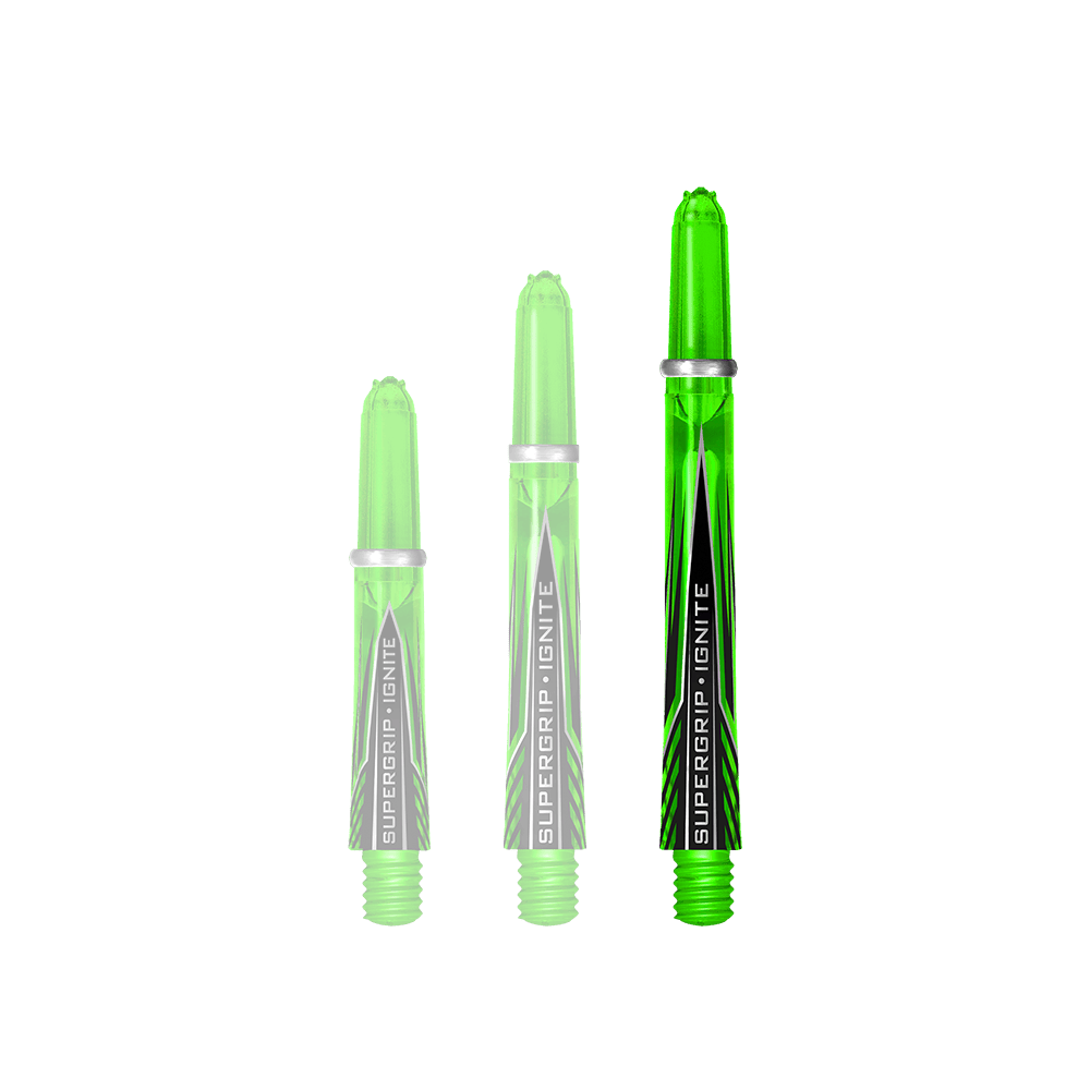 Das Bild zeigt drei grüne Harrows Supergrip Ignite Shafts in verschiedenen Längen. Die Shafts haben ein modernes Design mit schwarzen und silbernen Akzenten.