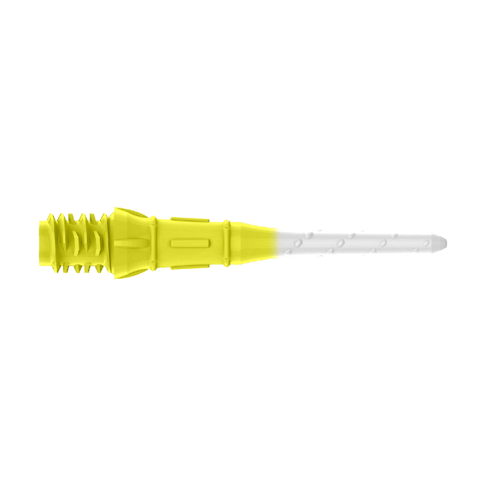 Dvoubarevné rtěnky L-Style Premium (balení 30 kusů) Das Bild zeigt eine zweifarbige Dartspitze mit gelbem und weißem Bereich. Der hintere Teil ist gelb, während die Spitze weiß ist.