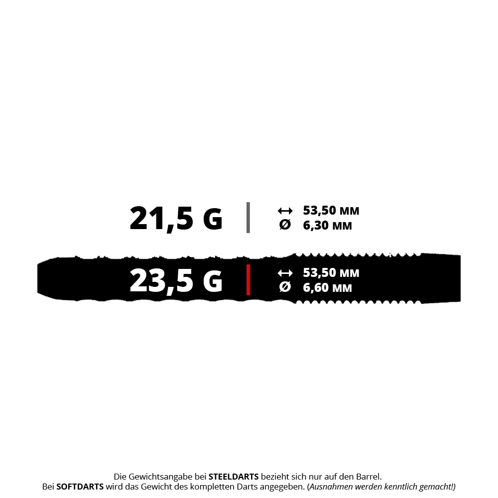 Ocelové šipky Caliburn Sword S1 Das Bild zeigt zwei verschiedene Steeldarts-Varianten mit den Gewichten 21,5 g und 23,5 g. Beide Varianten sind 53,50 mm lang, aber der Durchmesser beträgt 6,30 mm bzw. 6,60 mm.