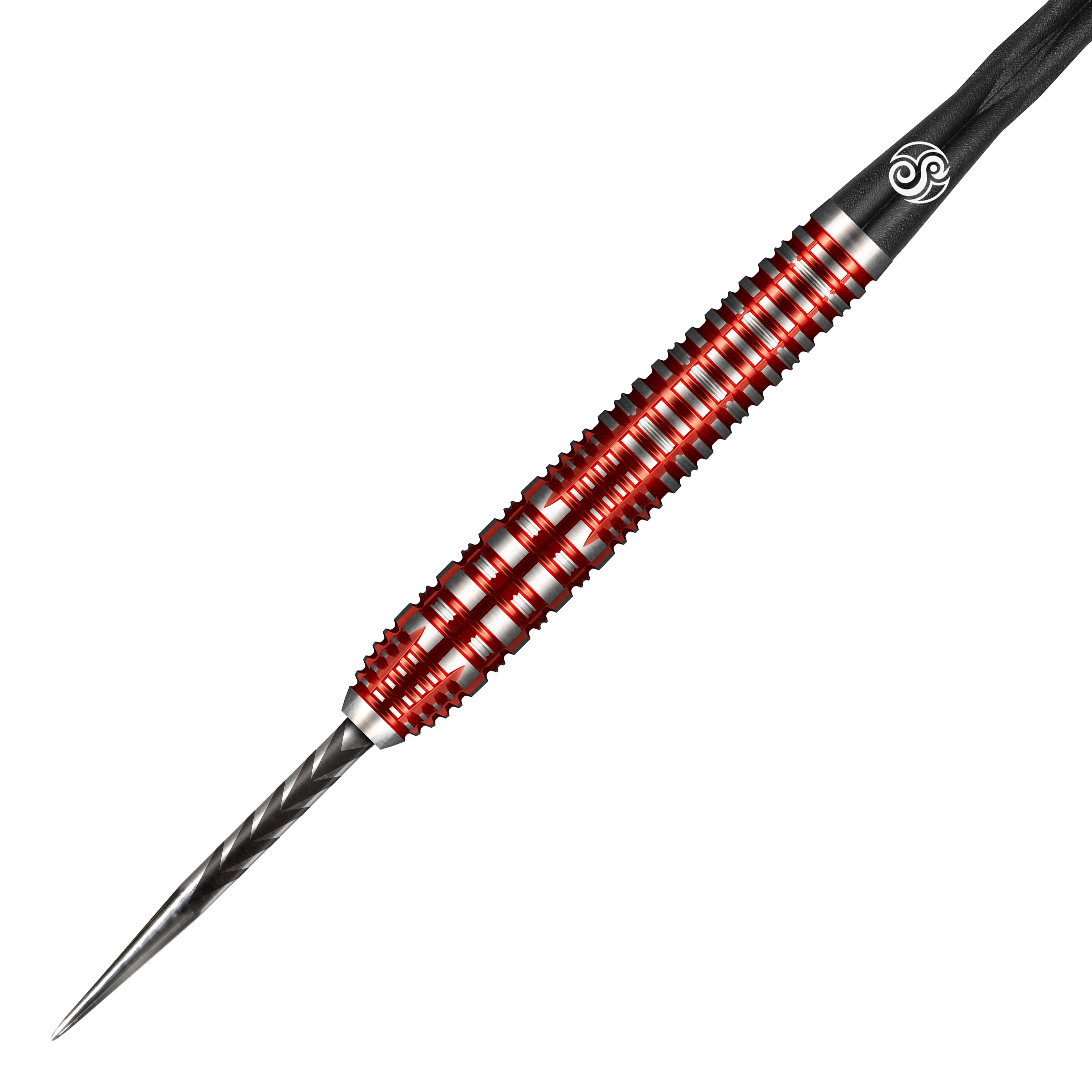 Das Bild zeigt einen Steeldart aus der Shot Collab Pro Series Charlie Murphie, 23 Gramm. Der Dart hat ein auffälliges rot-silbernes Design mit strukturierter Griffzone.
