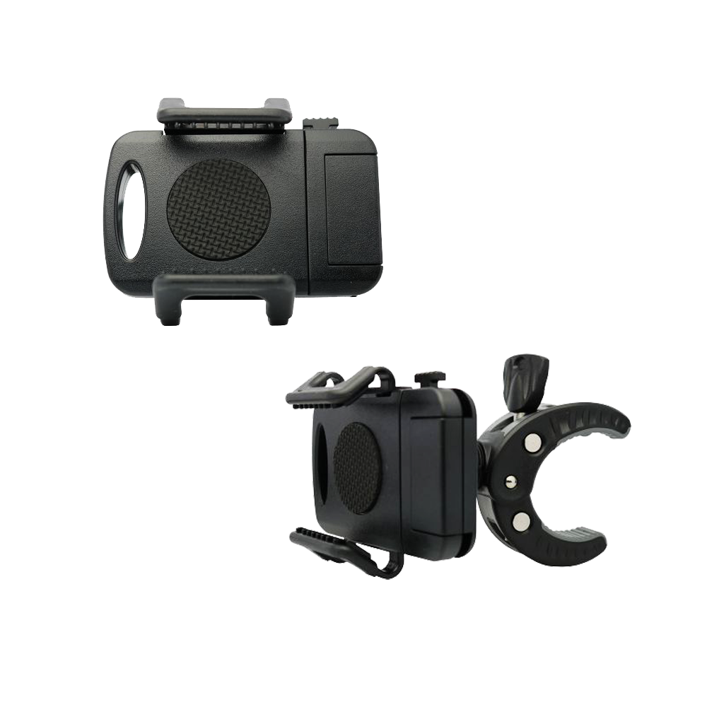 GRN0038_GranBoard_Smartphone_Holder_3 Das Bild zeigt den GranBoard Smartphone-Halter in schwarzer Farbe. Der Halter verfügt über eine Klemme zur Befestigung und einen verstellbaren Mechanismus für das Smartphone.