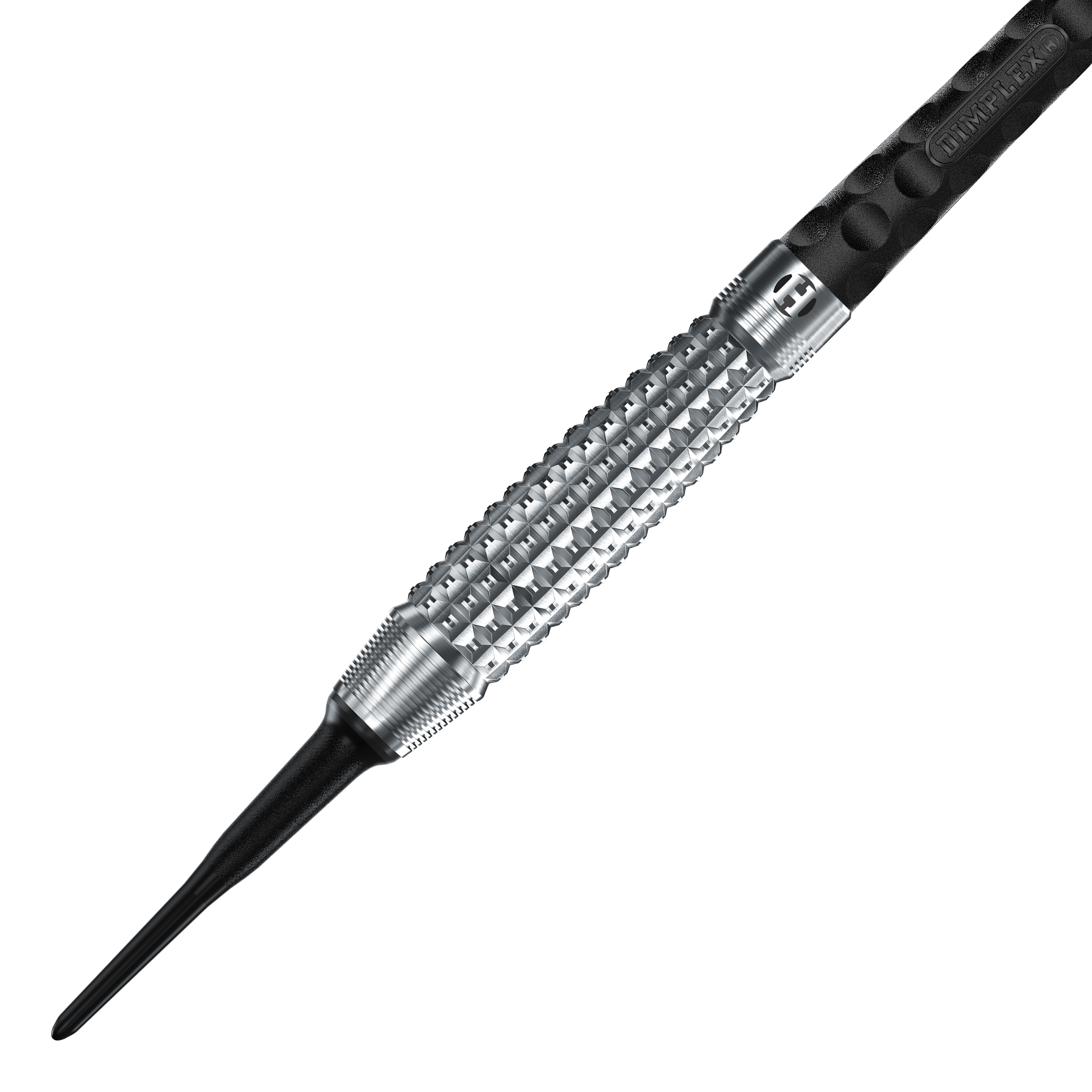 Měkké šipky Harrows Dimplex S3 Bomb Das Bild zeigt einen Harrows Dimplex S3 Bomb Softdart. Der Dartpfeil hat eine silberne, strukturierte Griffzone und eine schwarze Kunststoffspitze.