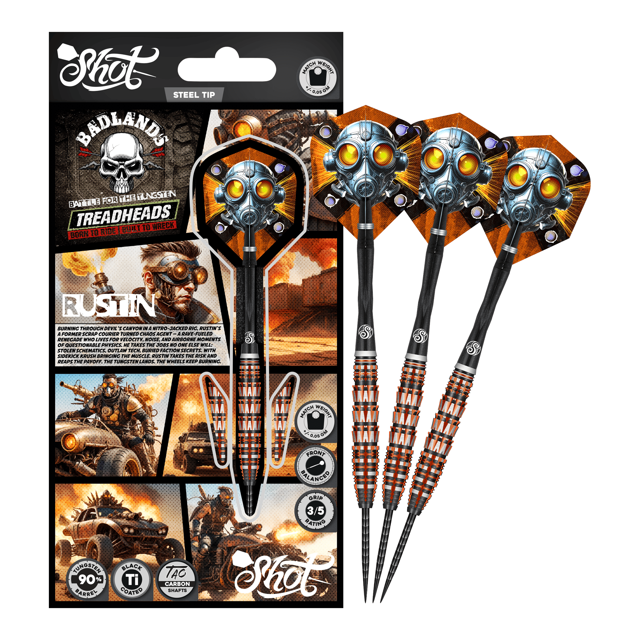 Šipky Shot Badlands Rustin Steel - 23g Das Bild präsentiert den Shot Badlands Rustin Steeldarts - 23g. Der komplette Dartpfeil ist abgebildet.