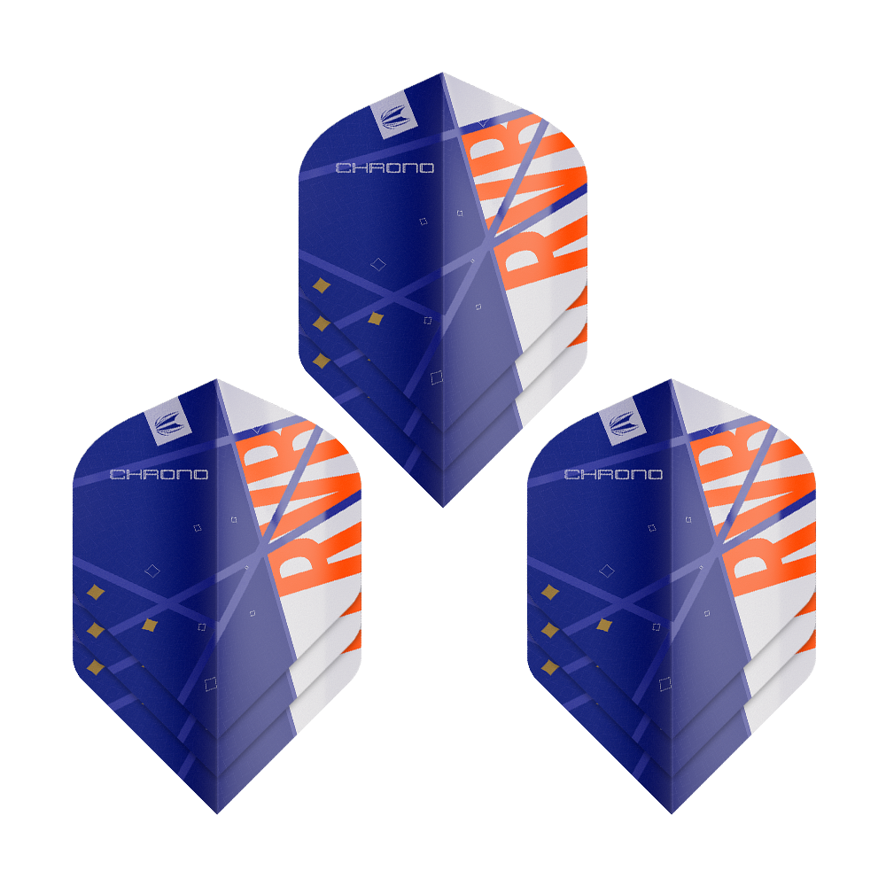 Das Bild zeigt drei Sets von Target Pro Ultra Raymond Van Barneveld Chrono No2 Standard Flights. Die Flights sind überwiegend blau mit orangenen und weißen Akzenten gestaltet.