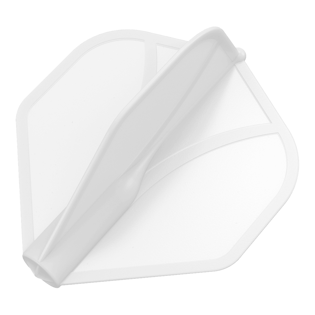 Das Bild zeigt eine transparente Dart-Flügel. Er hat eine aerodynamische Form und ist hauptsächlich weiß.