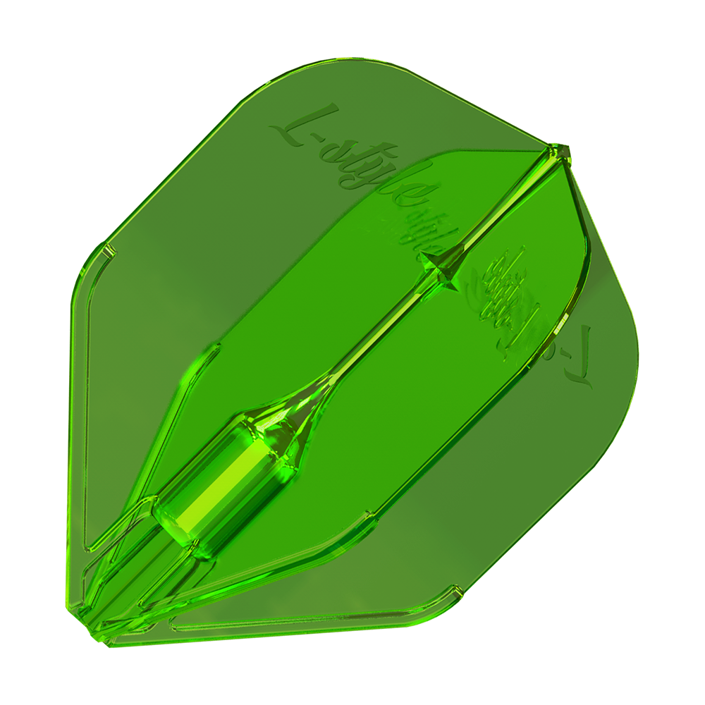 L-Style Fantom L3EZ Flights Green Das Bild zeigt ein grünes L-Style Fantom L3EZ Dart-Flight. Es hat eine glänzende, transparente Oberfläche und eine stabile Form.