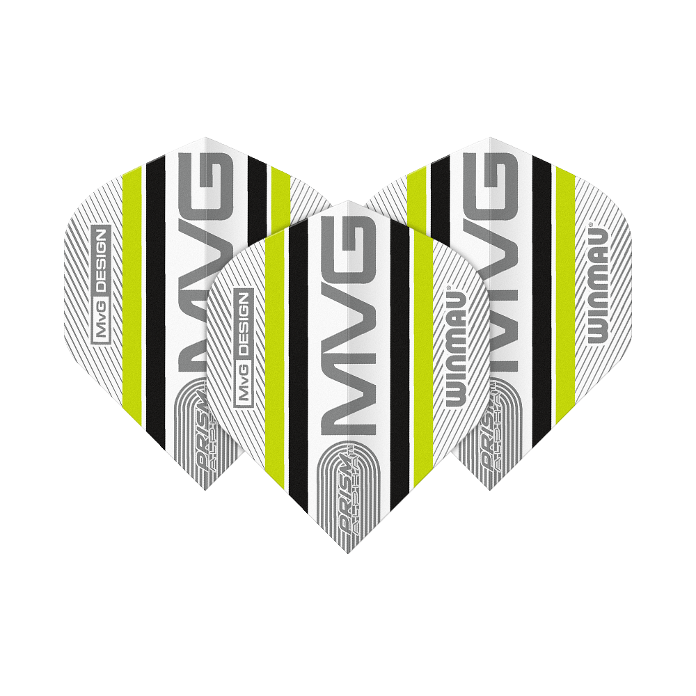 Das Bild zeigt drei Dart-Flights des Modells "Winmau Alpha Michael Van Gerwen MvG 85 Standard Flights". Die Flights sind weiß mit schwarzen und gelben Streifen sowie der Aufschrift "MVG" und "Winmau".