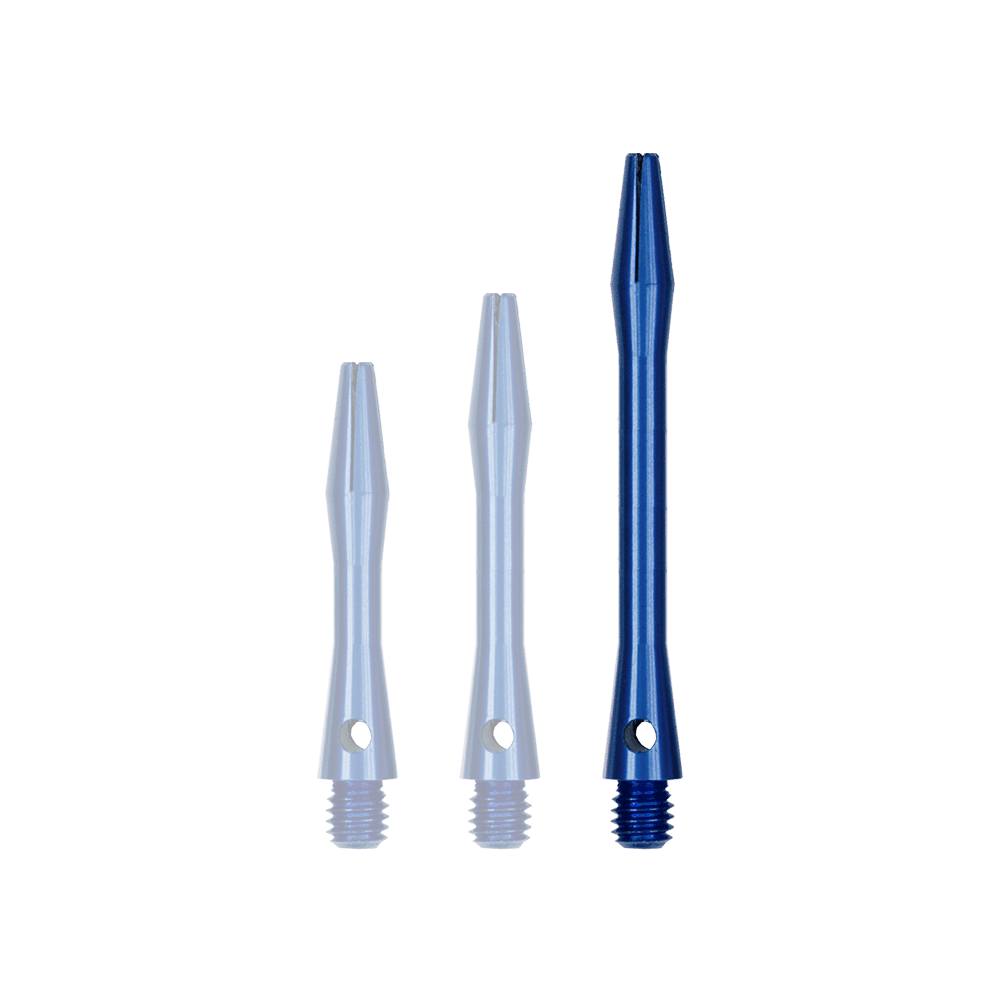 514_Aluminium_Shafts_Blau_46mm_1 Auf dem Bild sind drei blaue Aluminium-Schäfte in unterschiedlichen Längen zu sehen. Sie haben ein Gewinde am unteren Ende und sind jeweils mit einem Loch versehen.