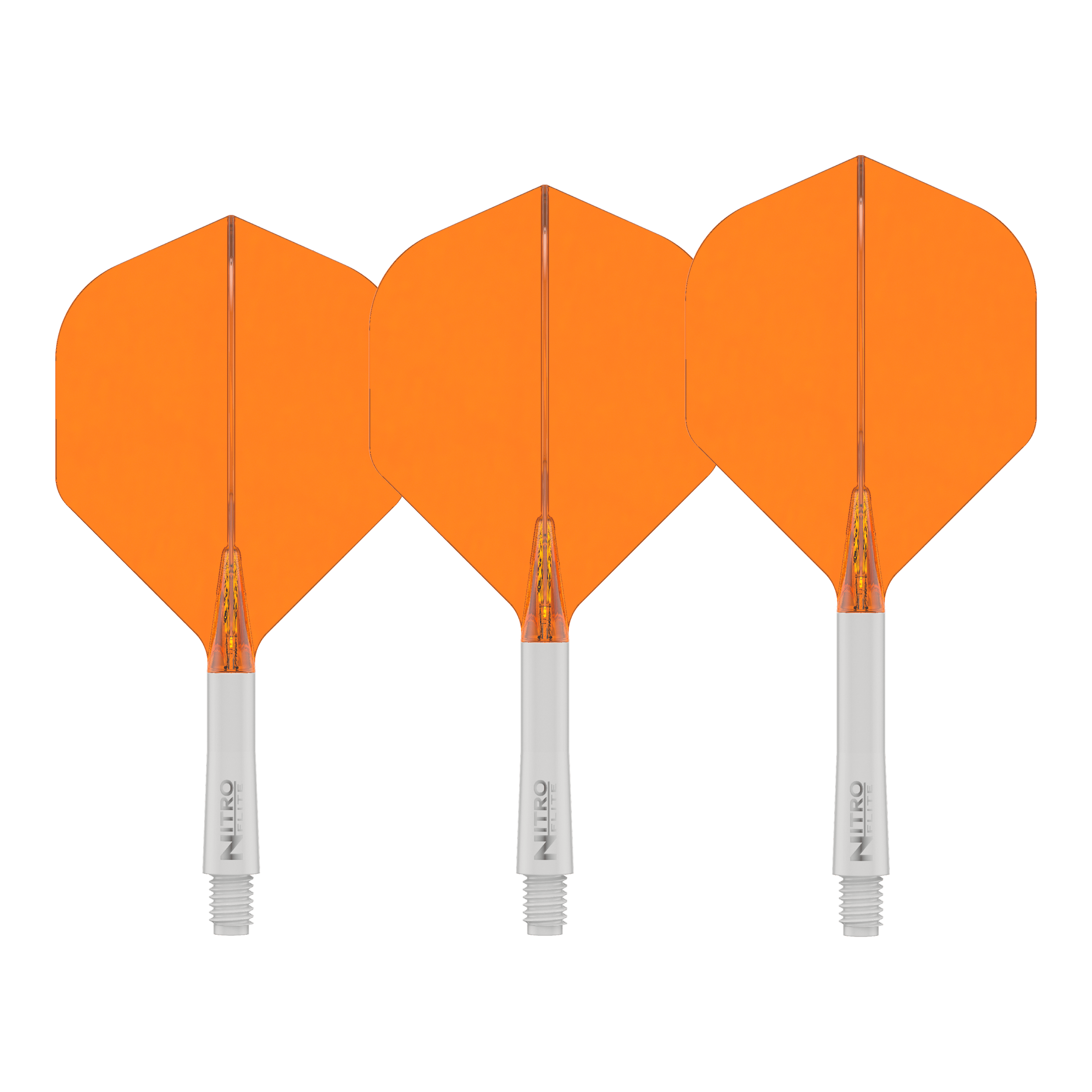 Das Bild zeigt das Produkt Red Dragon Nitroflite White Shaft Orange Flights No2. Es handelt sich um einen weißen Dart-Schaft mit orangefarbenen Flights.