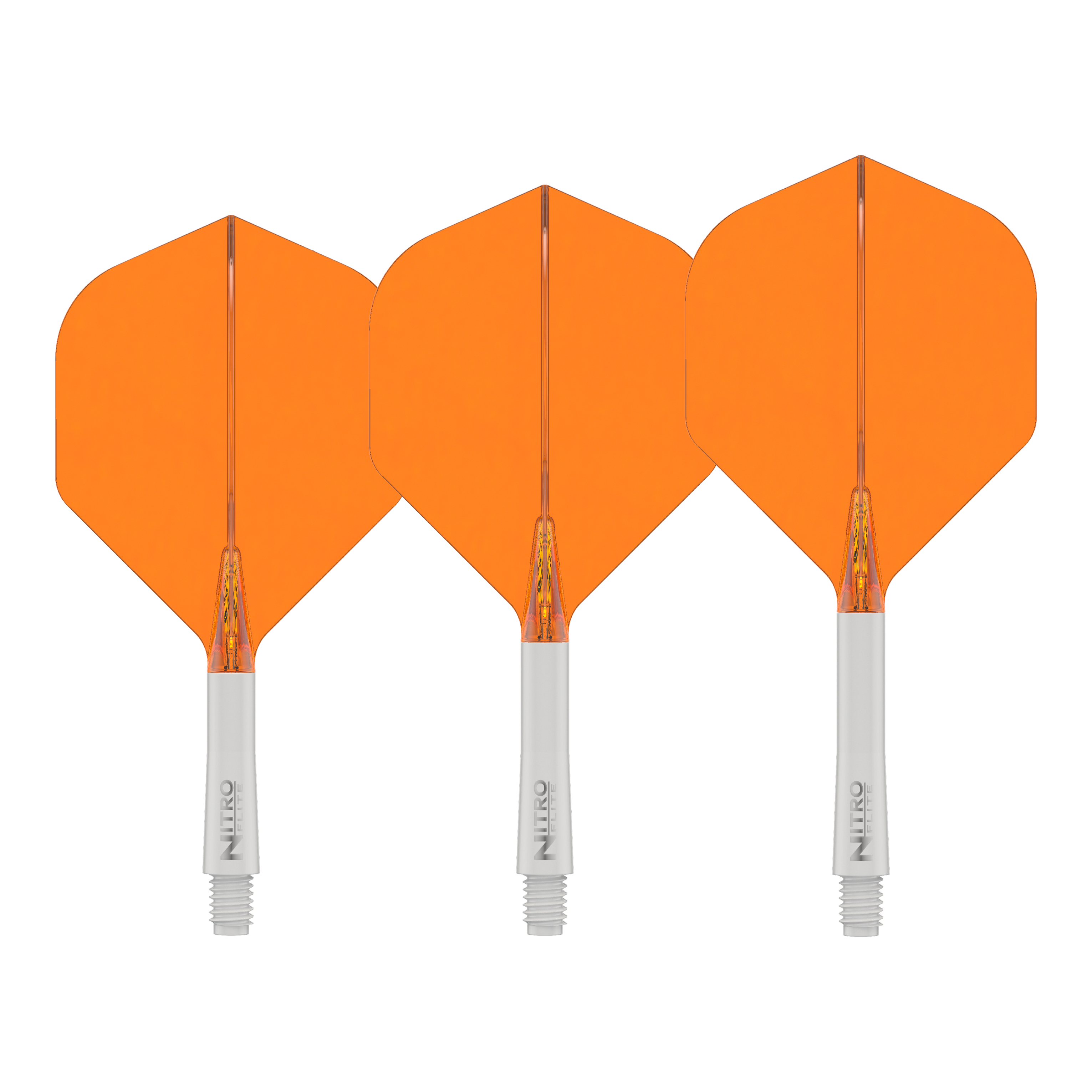 Letky Red Dragon Nitroflite White Shaft Orange No2 Das Bild zeigt das Produkt Red Dragon Nitroflite White Shaft Orange Flights No2. Es handelt sich um einen weißen Dart-Schaft mit orangefarbenen Flights.