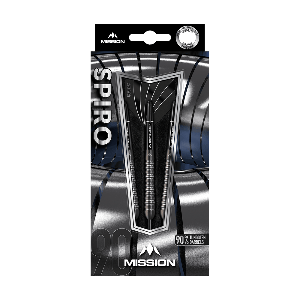 Ocelové šipky Mission Spiro Model 2 - 22g Das Bild zeigt eine Verpackung der Mission Spiro Model 2 Steeldarts mit einem Gewicht von 22 Gramm. Die Pfeile bestehen zu 90 % aus Tungsten und sind elegant in einer silber-schwarzen Box präsentiert.