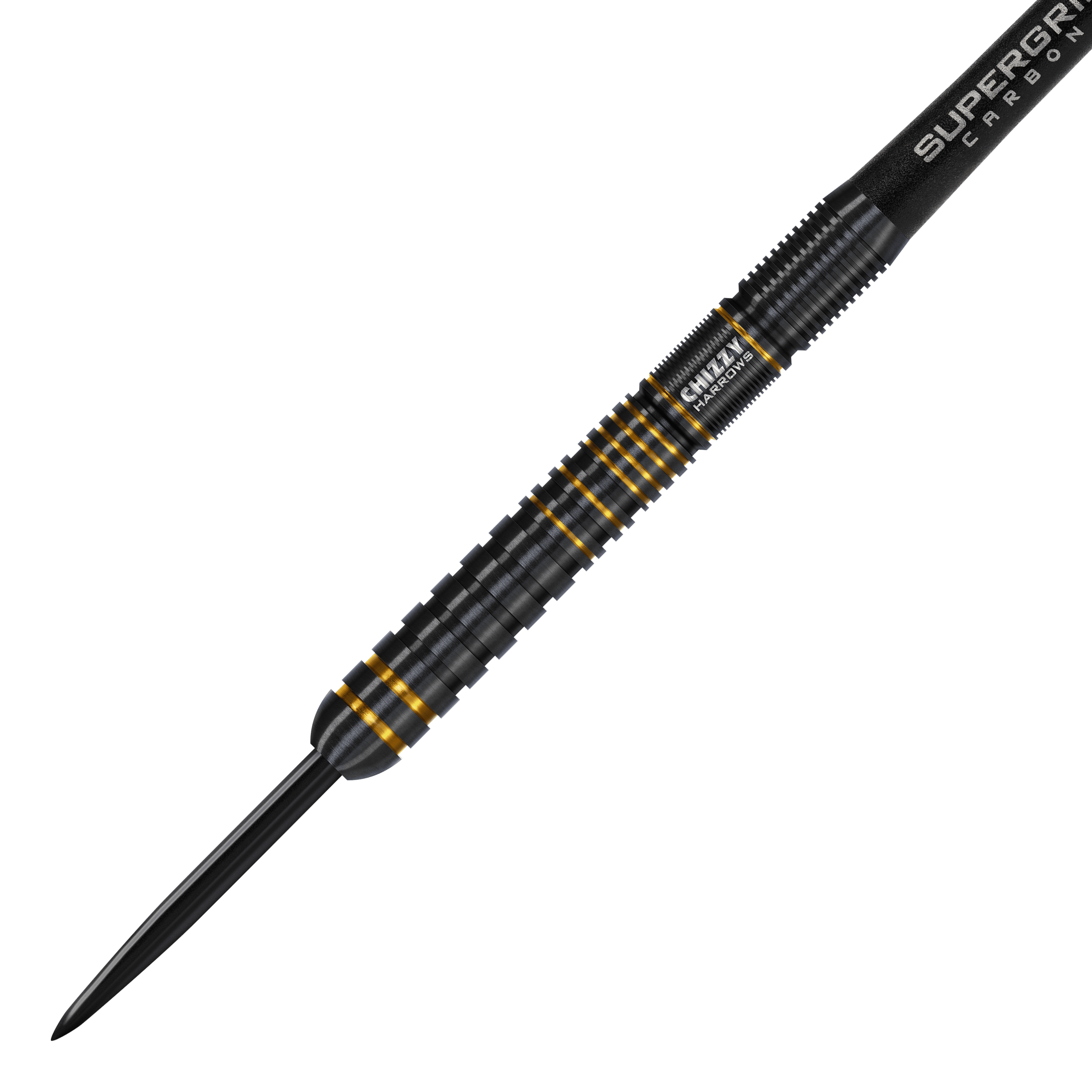 Ocelové šipky Harrow's Dave Chisnall Chizzy Series 3 Das Bild zeigt den Harrows Dave Chisnall Chizzy Series 3 Steeldart. Der Dart ist schwarz mit goldenen Akzenten und hat eine geriffelte Oberfläche für besseren Halt.