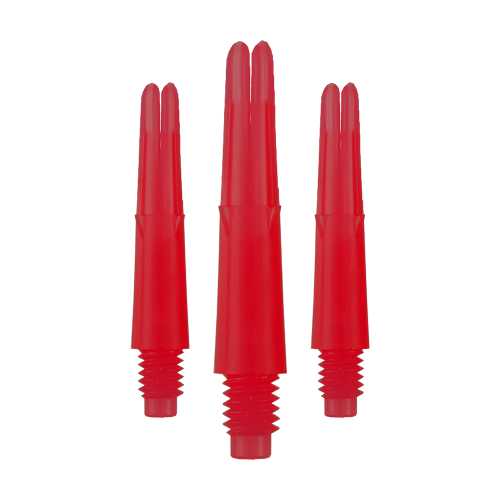 L-tvarované L-hřídele, zajištěné rovné - červené Das Bild zeigt drei rote, gerade Dartschäfte mit Gewinde unten. Sie sind ohne Kappen und haben eine Länge von 26 mm.