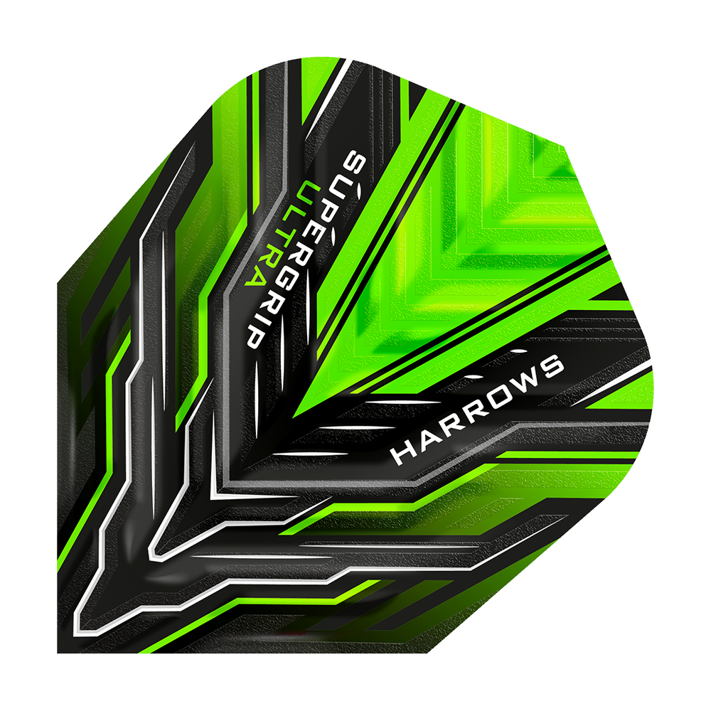HR11_Harrows_Supergrip_Ultra_Green_Standard_Flights_1q2YYo4XWBmfJw Harrows Supergrip Ultra Standard Flights mit modernem Muster. Das Set ist fächerförmig ausgebreitet.