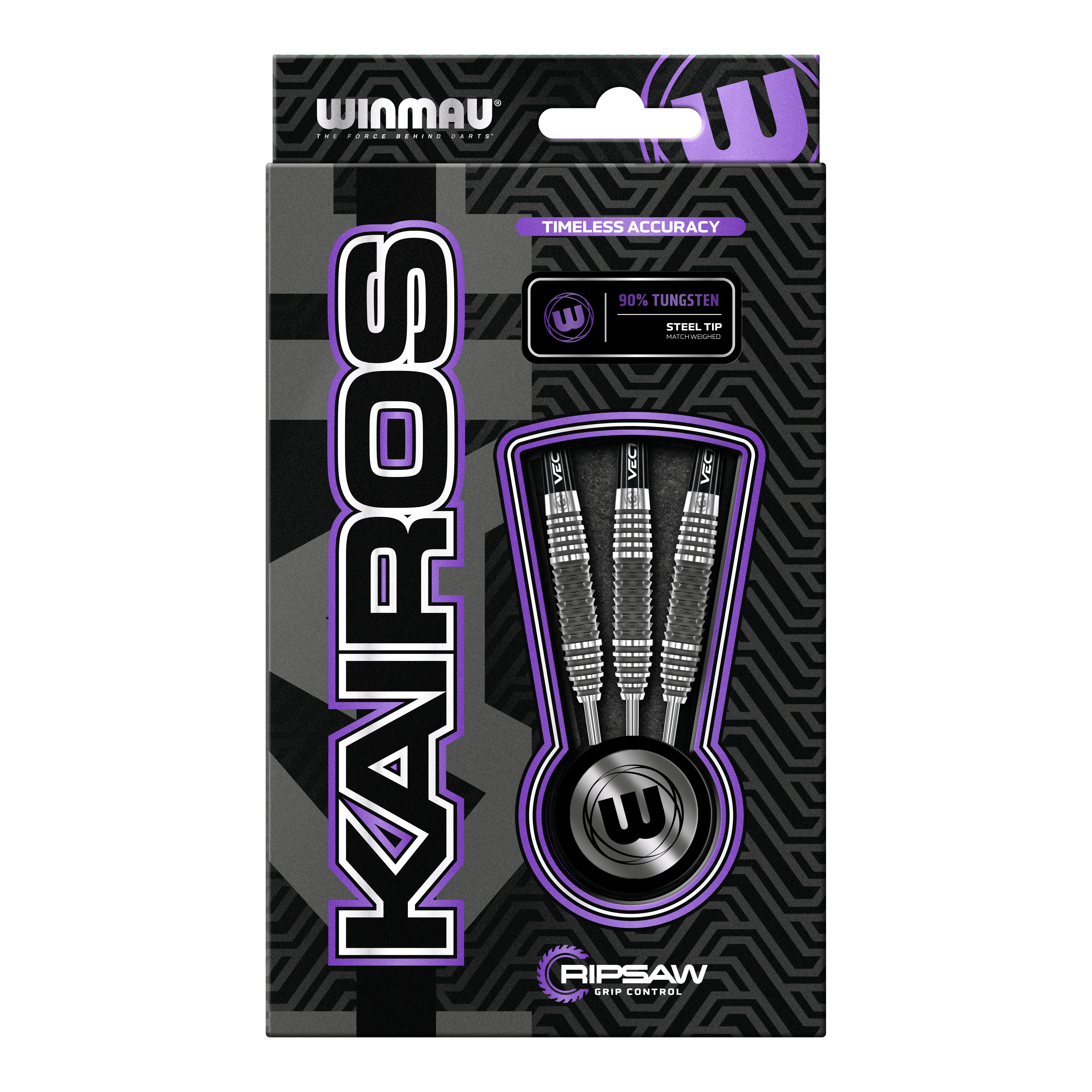 Ocelové šipky Winmau Kairos 01 Die Abbildung zeigt die Verpackung der "Winmau Kairos 01 Steeldarts". In der Verpackung sind drei hochwertige Steeldarts mit 90% Tungsten-Anteil zu sehen.