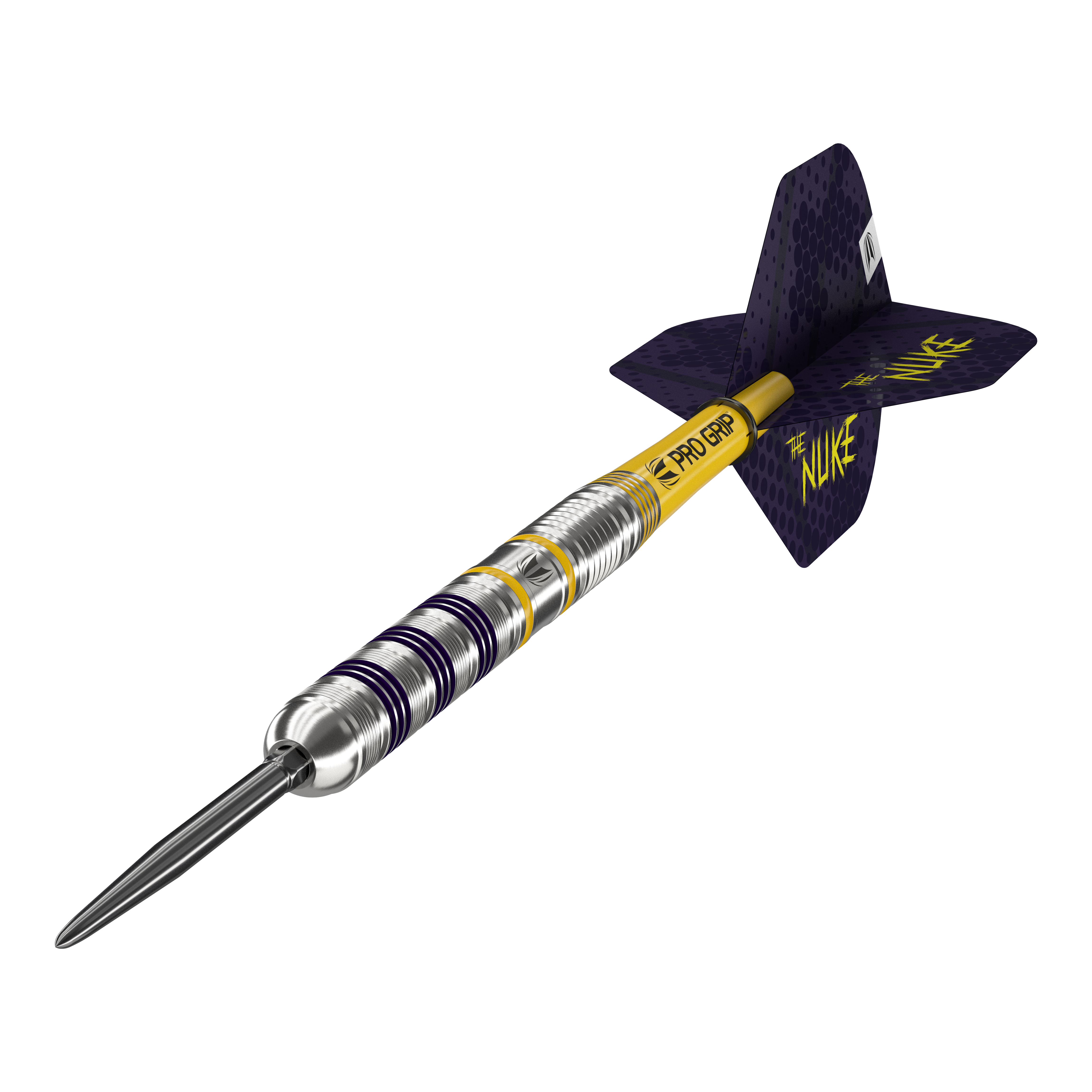 Šipky Target Luke Littler Loadout Swiss Point Steel Der Bild zeigt einen Target Luke Littler Loadout Swiss Point Steeldart. Der Dartpfeil hat ein silbernes Barrel mit gelben und lila Akzenten sowie einem gelben Schaft und lila Flight, auf dem "The Nuke" steht.