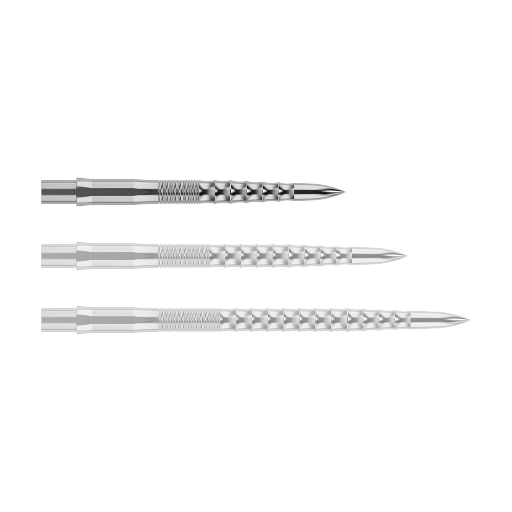 Špičky na šipky Mission Caliburn EVO - Ripple - Stříbrné Das Bild zeigt drei silberne Steeldartspitzen, die nebeneinander liegen. Sie haben eine geriffelte Struktur und laufen vorne spitz zu.