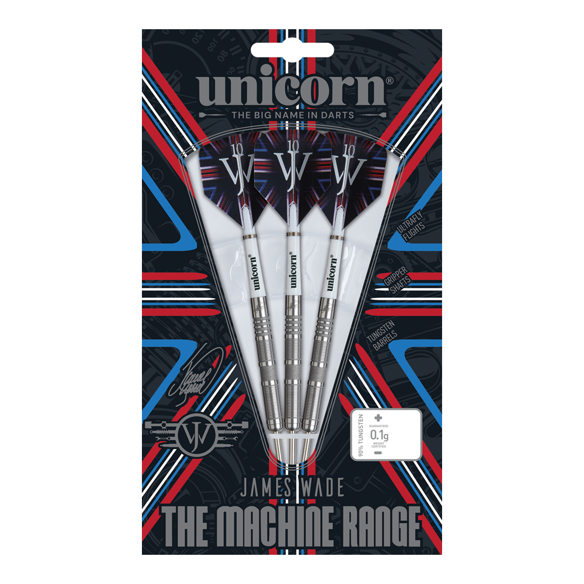Ocelové šipky Unicorn James Wade The Machine Range Fáze 4 Das Bild zeigt eine Packung Steeldarts der Marke "Unicorn" aus der James Wade The Machine Range Phase 4. Die drei silbernen Darts sind in einer auffällig gestalteten Verpackung mit roten, blauen und weißen Akzenten präsentiert.