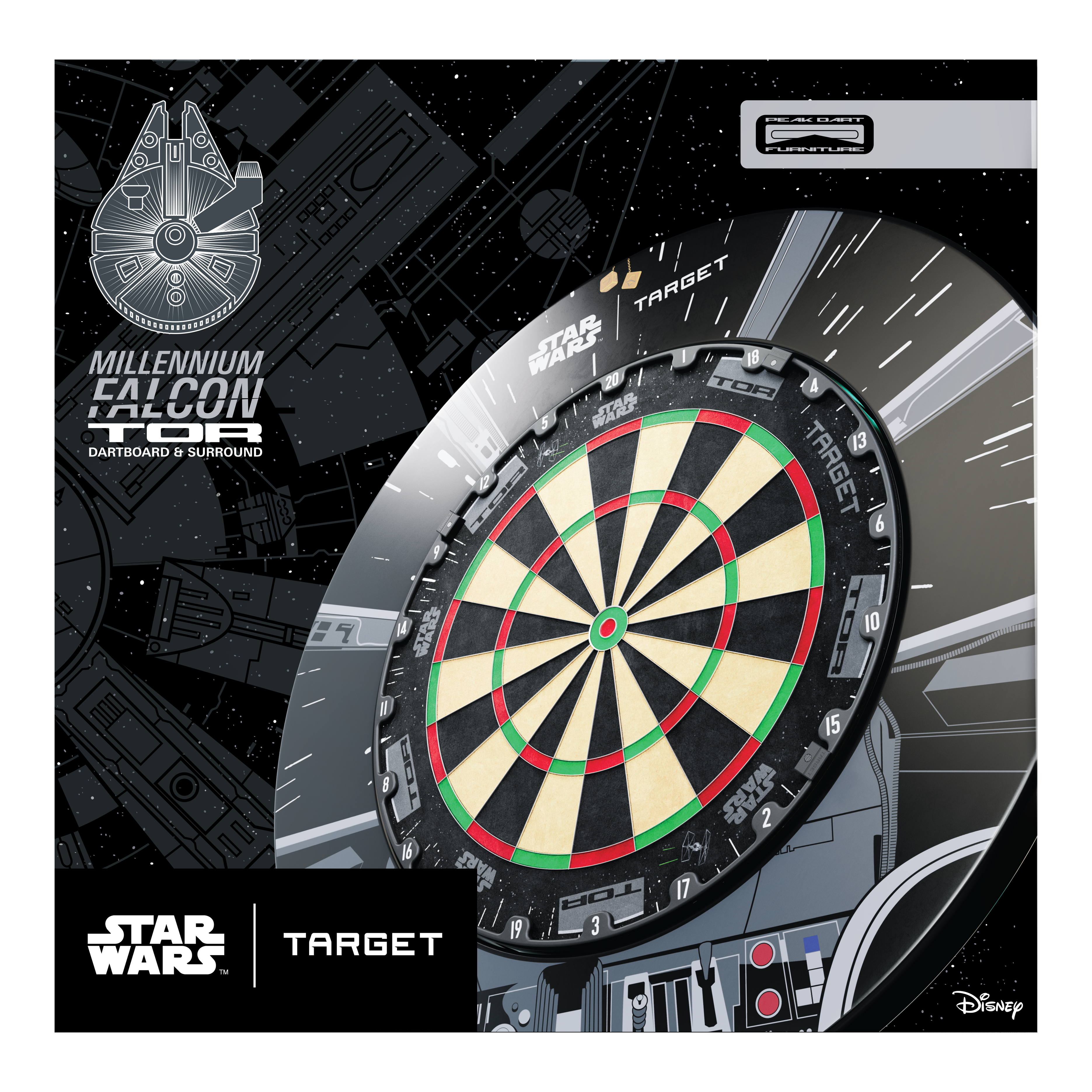 Sada prostorového obložení terče Target Star Wars Millennium Falcon TOR Auf dem Bild ist das Target Star Wars Millennium Falcon Surround Board Bundle zu sehen. Das Produkt richtet sich an Fans von Star Wars und Darts.