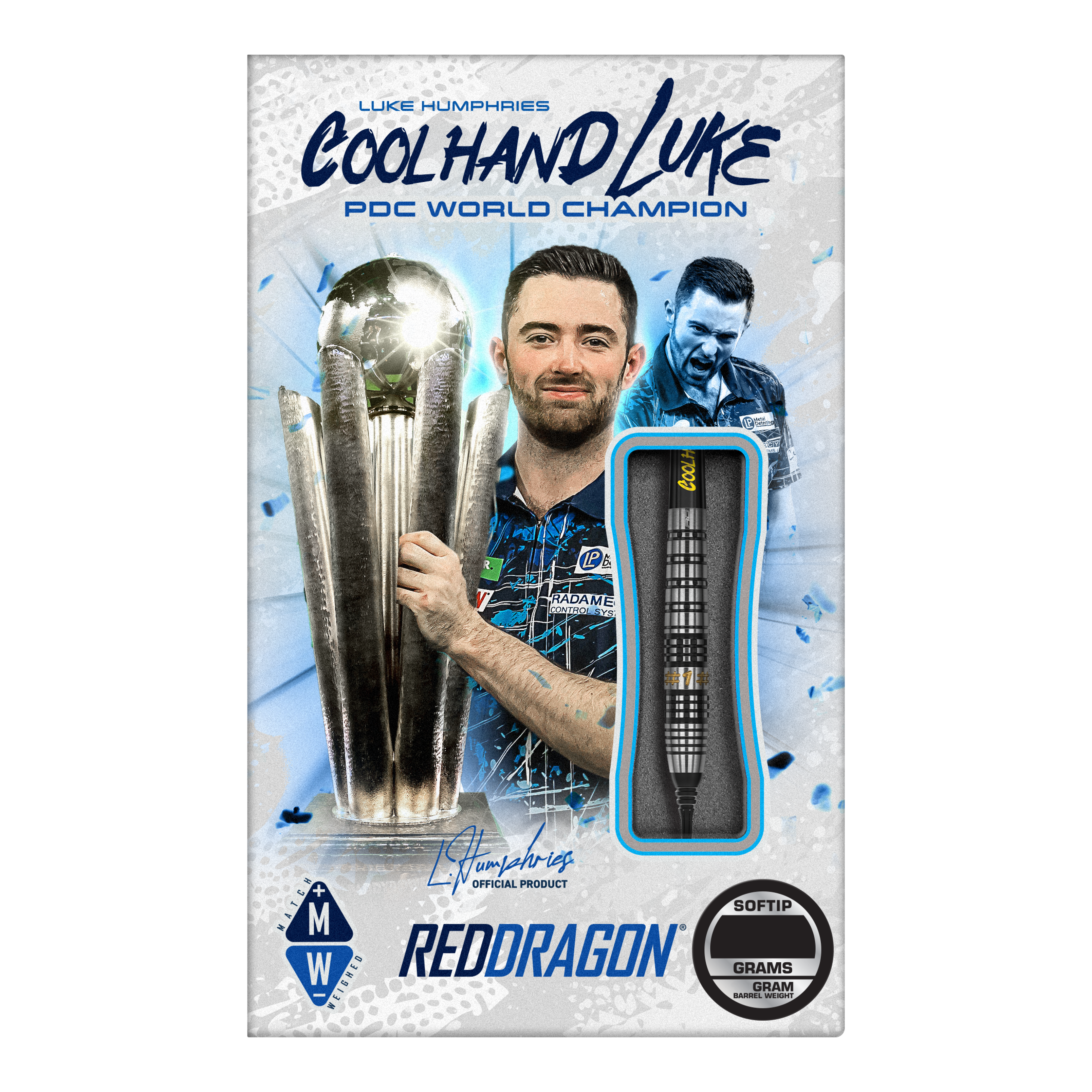 Šipky Red Dragon Luke Humphries Prestige Soft - 20g Das Bild zeigt die Verpackung der "Red Dragon Luke Humphries Prestige Softdarts - 20g". Auf der Verpackung ist ein Foto von Luke Humphries mit einem Pokal zu sehen, sowie ein einzelner Dartpfeil als Produktabbildung.