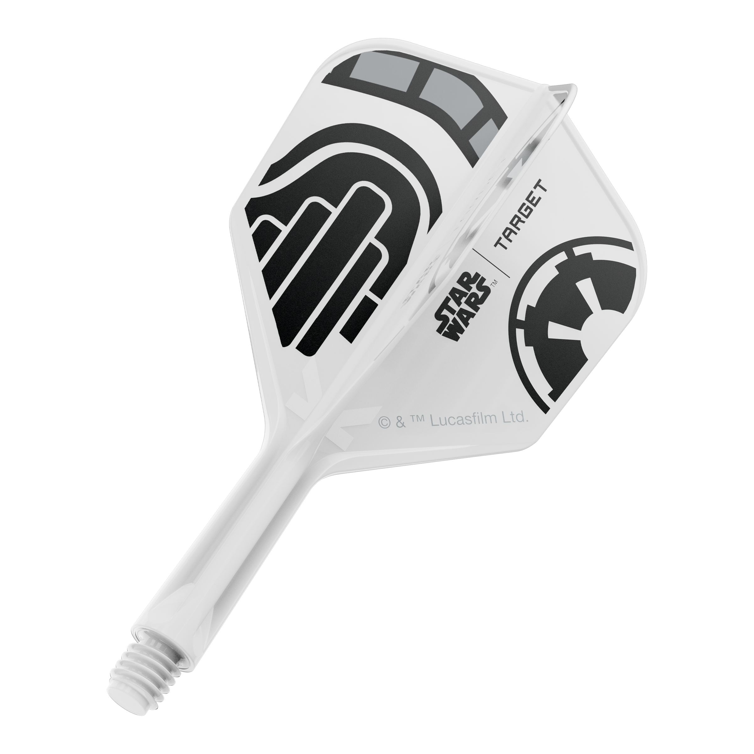 Letky Target Star Wars K-Flex Stormtrooper č. 6 Ein Dart-Flight aus der Star Wars KFlex Stormtrooper No6 Serie wird gezeigt. Dieser Flight ist kurz und misst 19 mm.