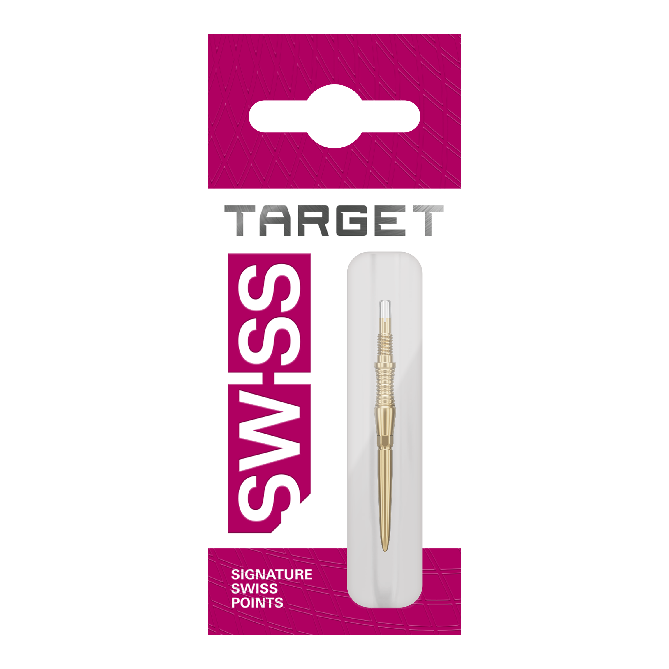 Ein weiteres Bild einer Target Swiss Point Dartspitze Signature RST in Gold mit 30mm Länge ist zu sehen. Die feine Struktur und die besondere Beschichtung fallen auf.