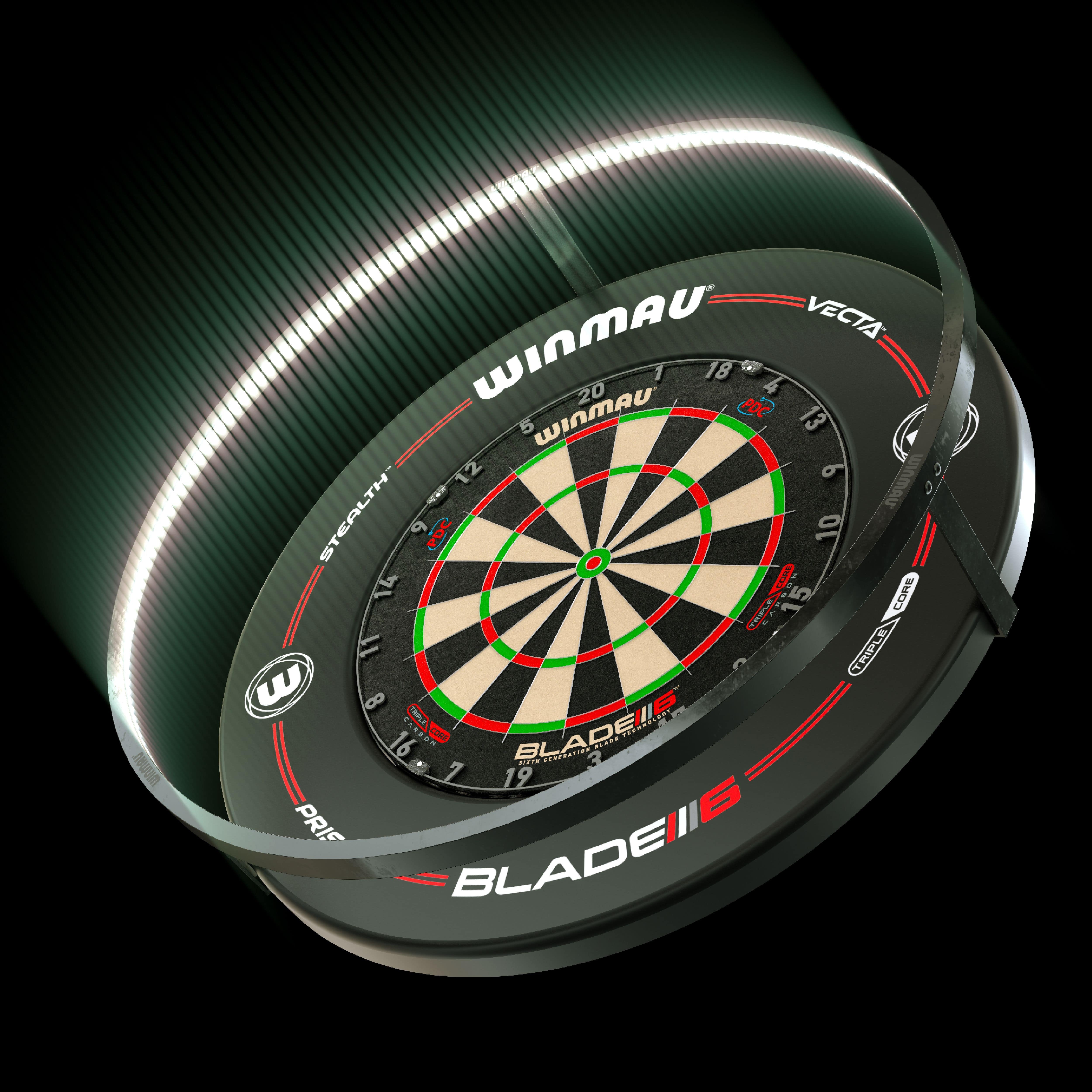BALÍČEK Plazmové LED osvětlení a prostorový zvuk Winmau Das Bild zeigt das Winmau Plasma LED Beleuchtung und Surround Bundle mit einer beleuchteten Dartscheibe. Die LED-Leiste sorgt für optimale Ausleuchtung und ein modernes Design.