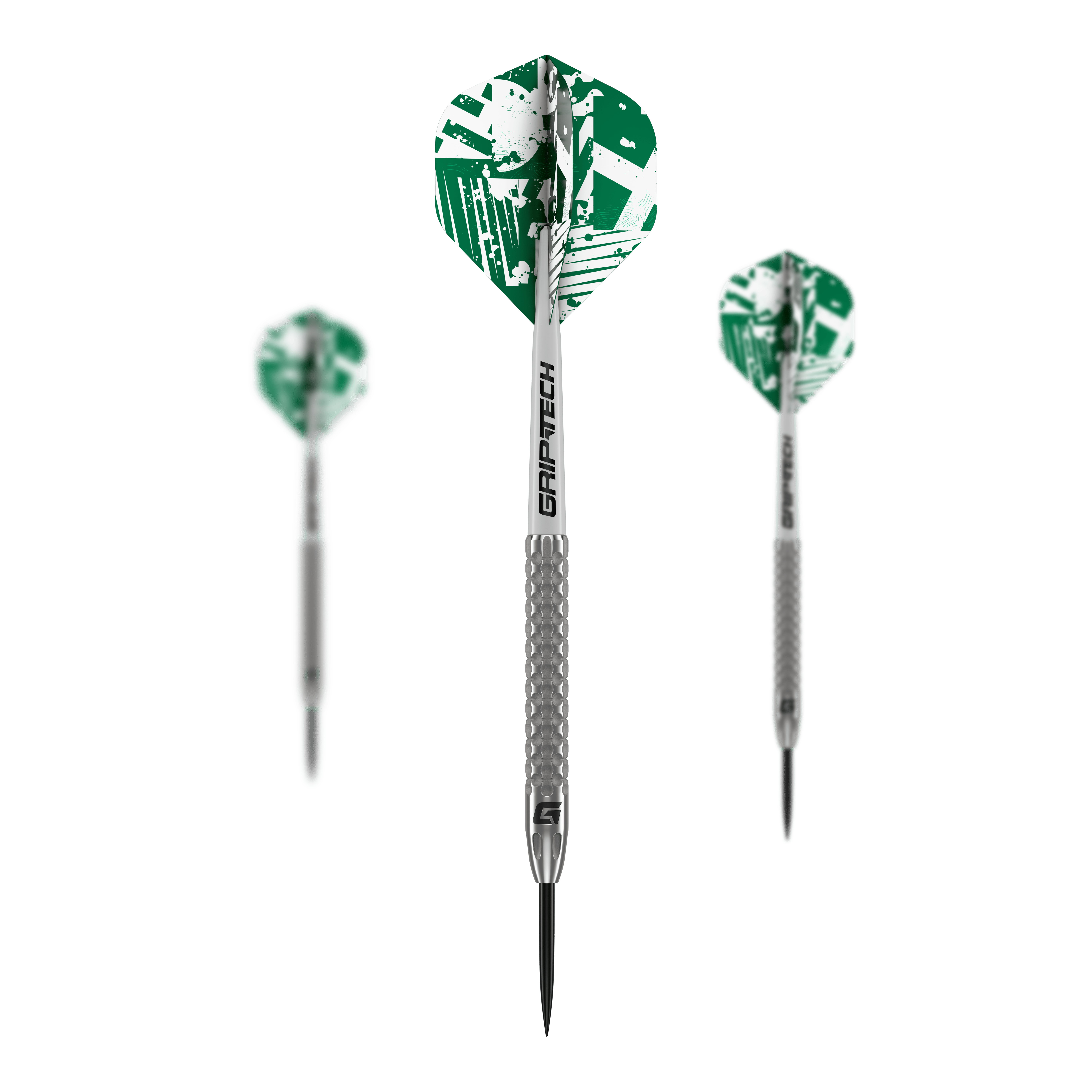 Šipky GOAT Fairway V2 z wolframové oceli Das Bild zeigt drei GOAT Fairway V2 Tungsten Steeldarts mit silbernen Schäften und grünen Flights. Auf den Schäften steht "GRIPTECH" und die Darts haben eine strukturierte Griffzone.