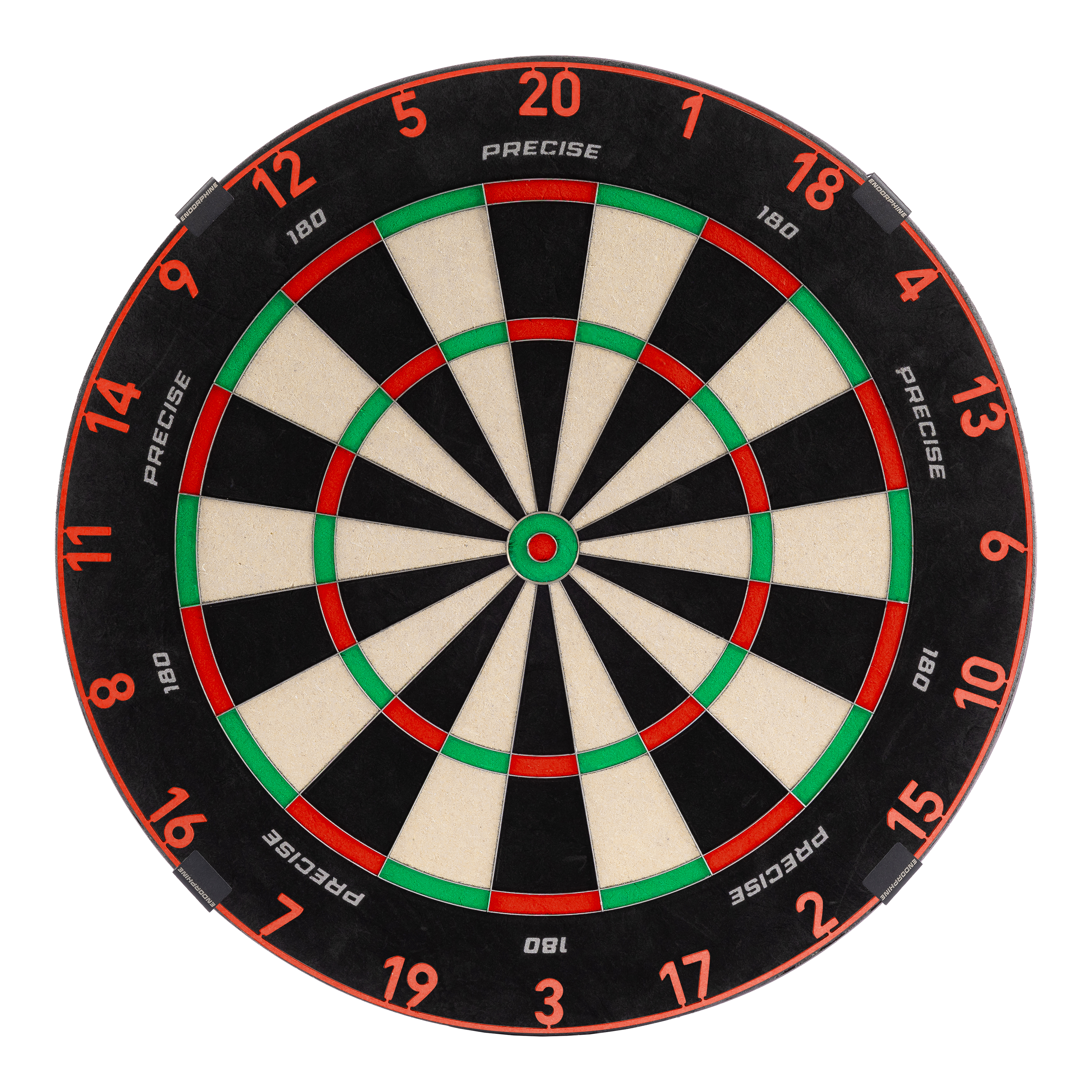 Přesný ocelový terč 180 Endorphine s číselným kroužkem - Inferno červená Zu sehen ist das Precise 180 Endorphine Steeldartboard mit Nummernring in Inferno Red. Es bietet eine professionelle Spielfläche für Darts.