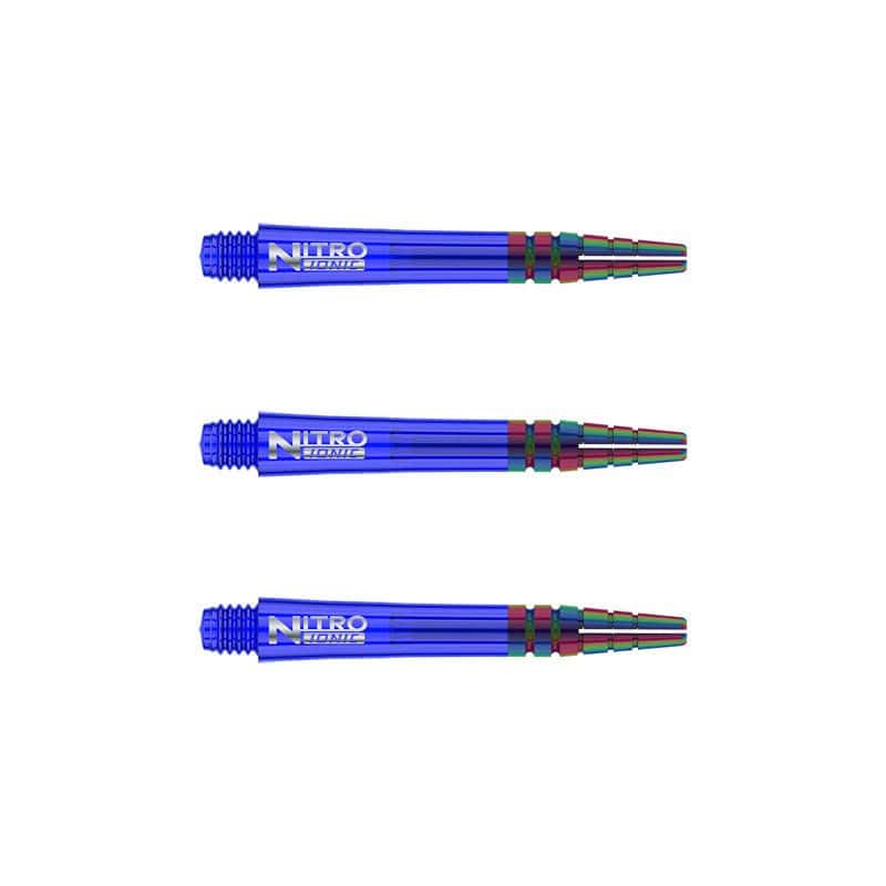 C601_Nitro_Ionic_Short_Blue_Shafts Das Bild zeigt drei blaue RedDragon Nitrotech Ionic Shafts. Sie sind nebeneinander angeordnet und haben silberne Schriftaufdrucke.