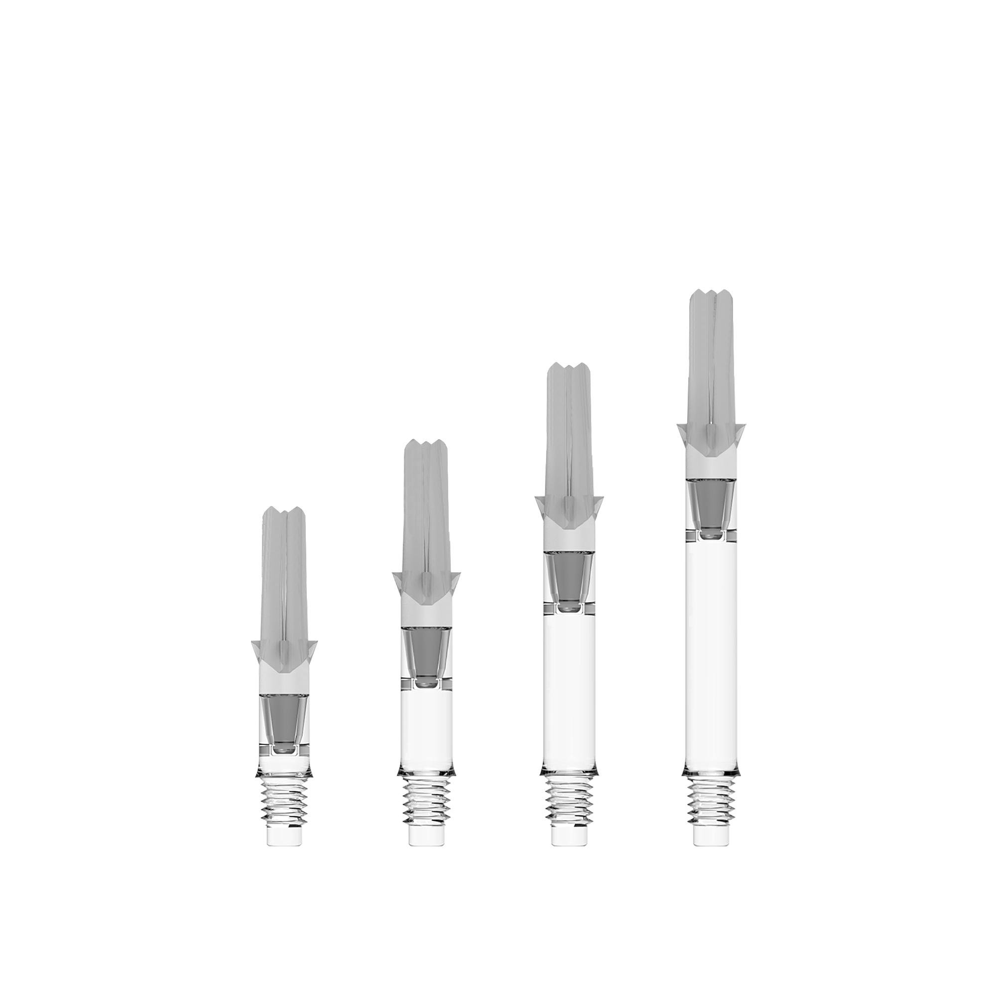 Das Bild zeigt vier durchsichtige L-Style L-Shafts Silent Straight in unterschiedlichen Längen. Sie sind nebeneinander auf weißem Hintergrund angeordnet.