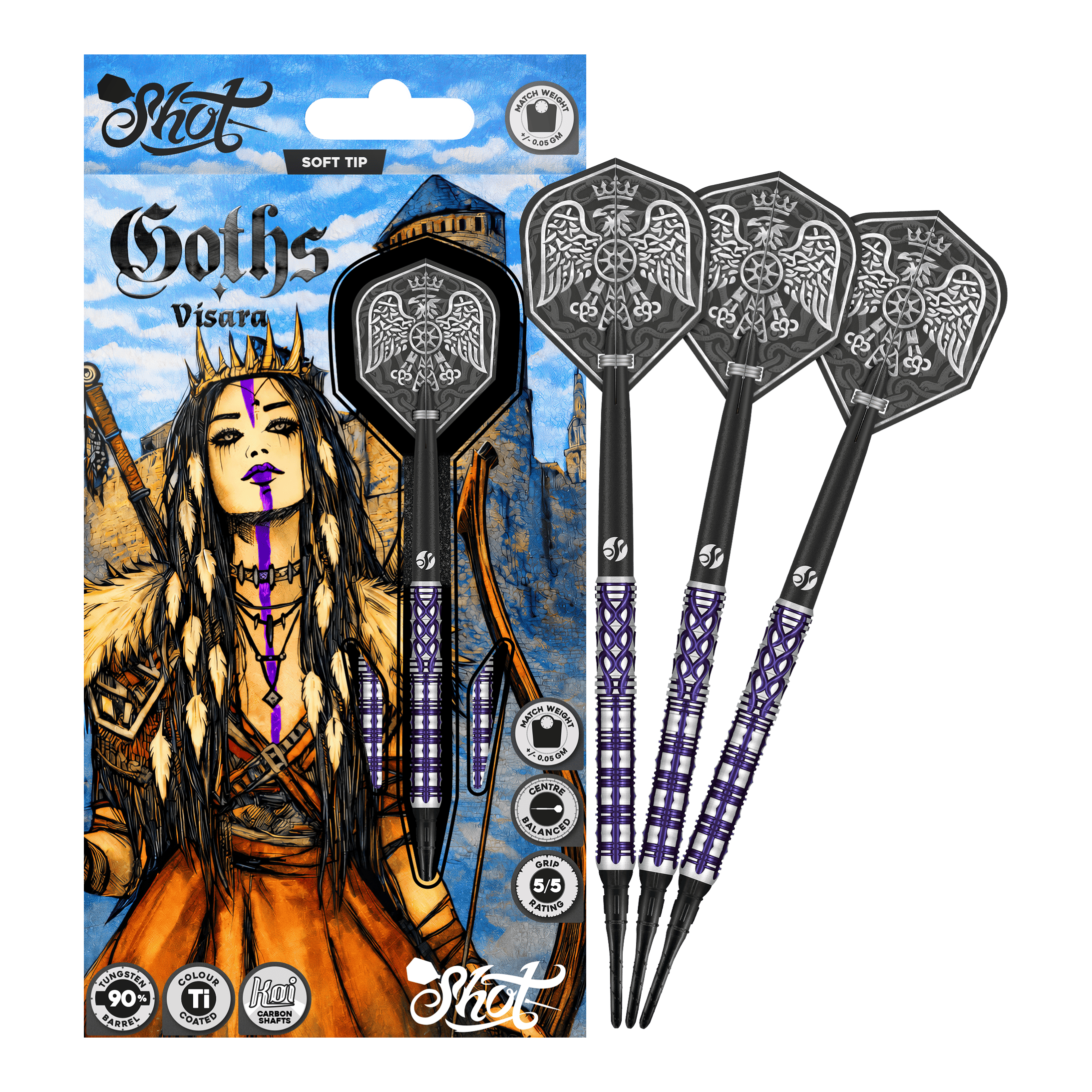 Šipky Shot Goths Visara Soft - 20g Das Bild zeigt die Shot Goths Visara Softdarts - 20g. Diese Softdarts sind leicht und hochwertig verarbeitet.