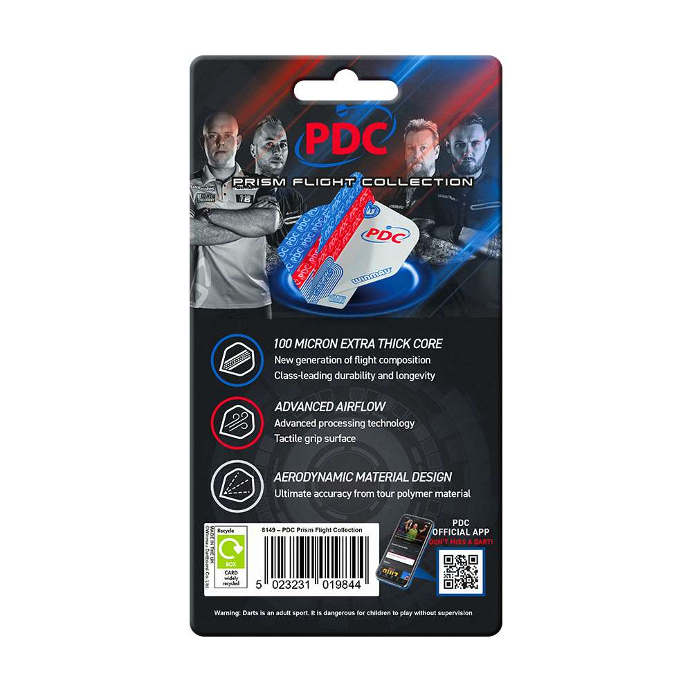 Kolekce Winmau PDC Prism Flight Das Bild zeigt die Verpackung der "Winmau PDC Prism Flight Collection" für Dartflights. Auf der Verpackung sind Produktmerkmale und Bilder von Dartspielern abgebildet.