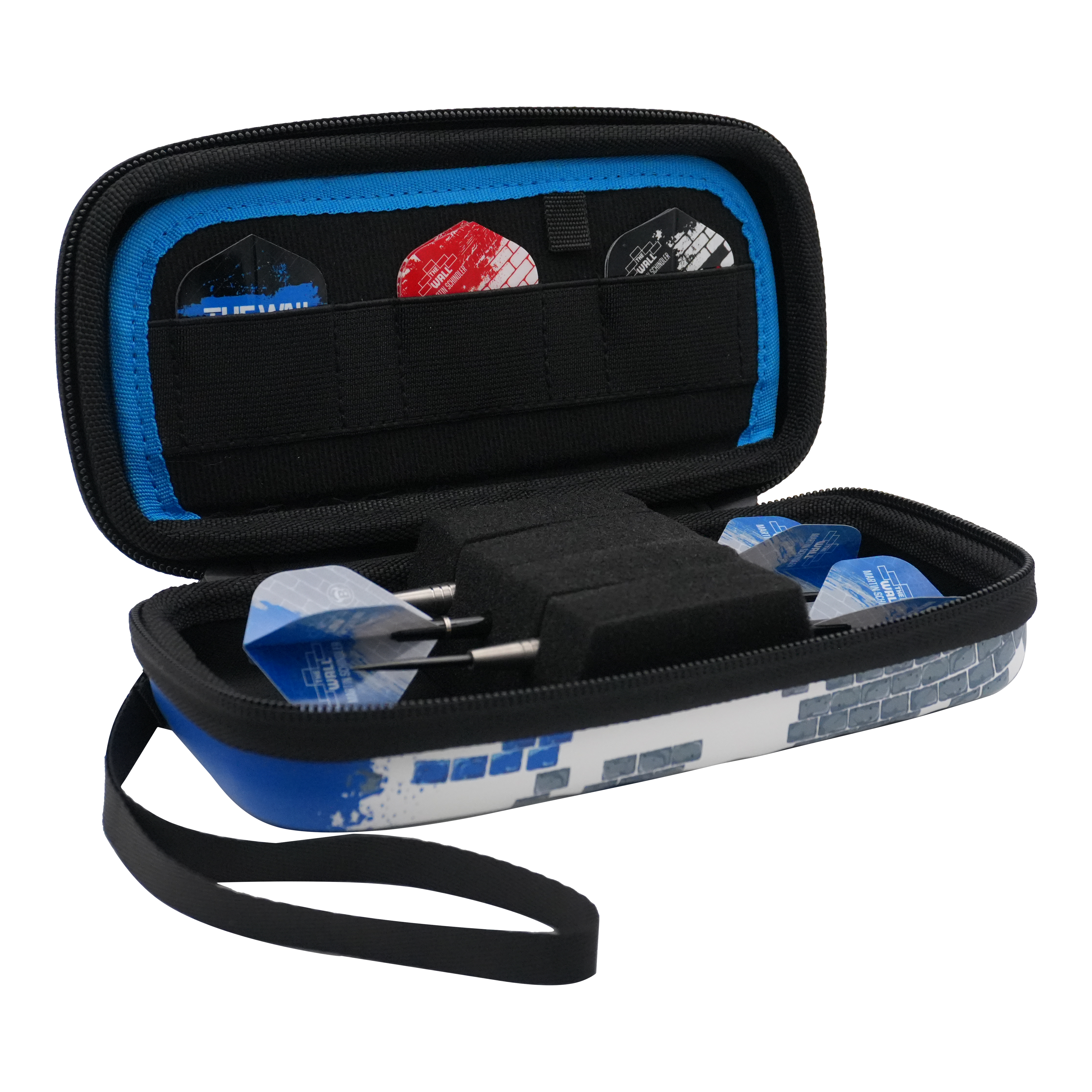 Das Bild zeigt ein geöffnetes Dartcase mit mehreren Darts und Flights darin. Das Etui ist blau-weiß und trägt das Design des Bulls Orbis S Martin Schindler Dartcase.
