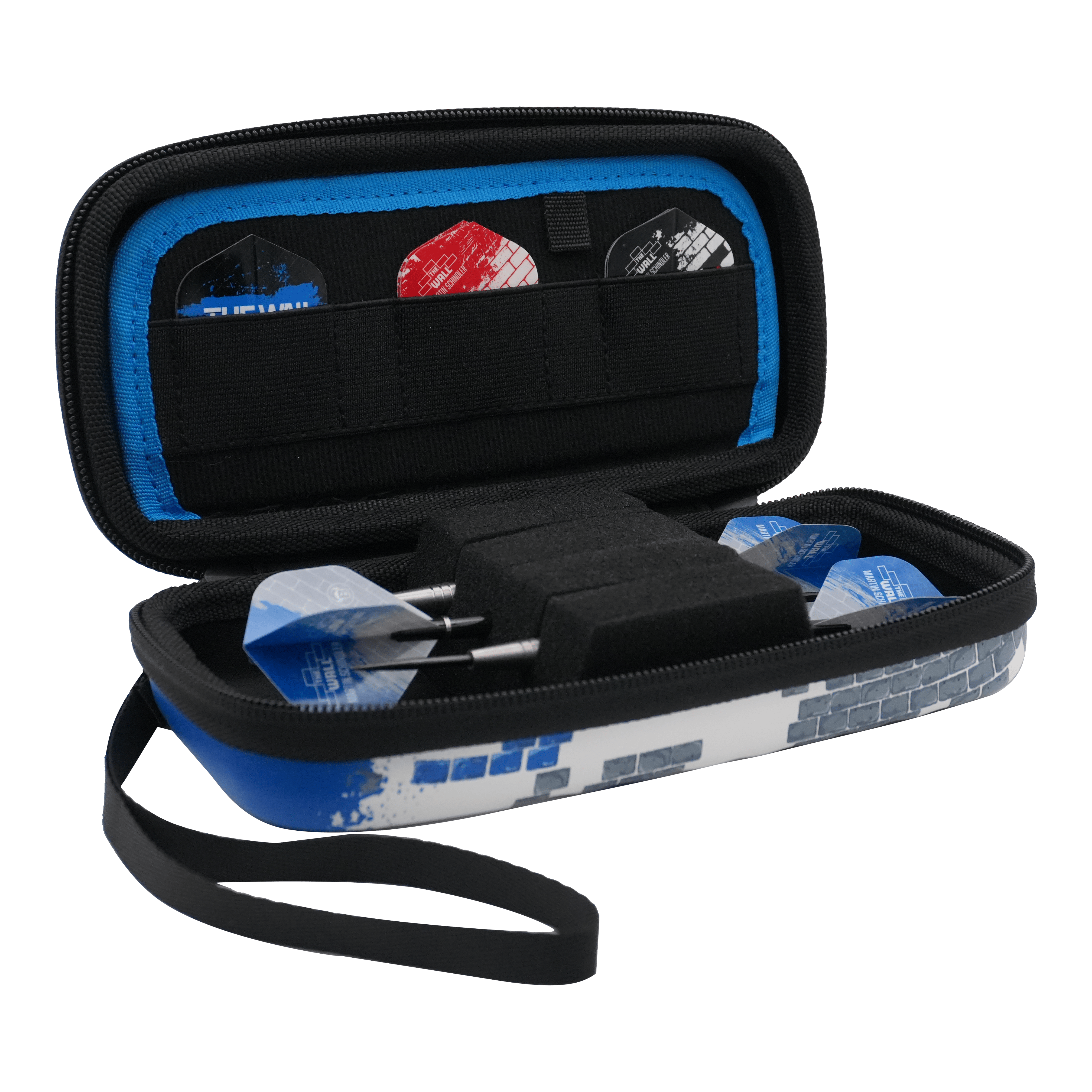 Pouzdro na šipky Bulls Orbis S Martin Schindler Das Bild zeigt ein geöffnetes Dartcase mit mehreren Darts und Flights darin. Das Etui ist blau-weiß und trägt das Design des Bulls Orbis S Martin Schindler Dartcase.